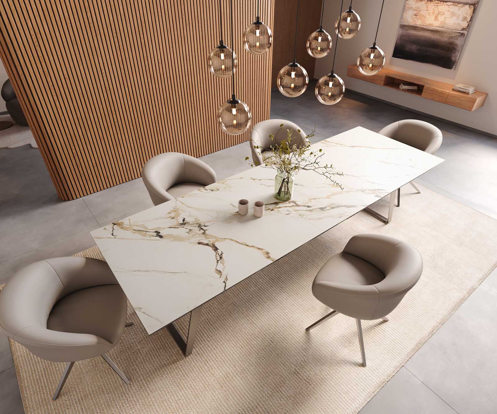 Table à manger Edge 300x100 céramique Calacatta Luxe blanc-doré-gris acier inoxydable incliné 6