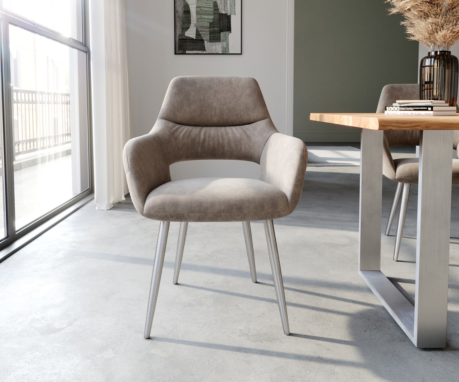 Chaise-de-salle-à-manger Yago-Flex avec accoudoirs microvelours taupe vintage 4 pieds coniques acier inoxydable brossé ressorts ensachés 2