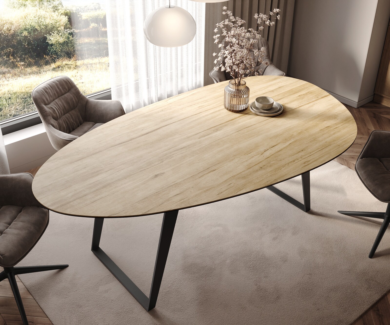 Table à manger Edge Oval 220x120 cm Céramique Laminam® Sabbia couleur chêne Métal Oblique Noir 4