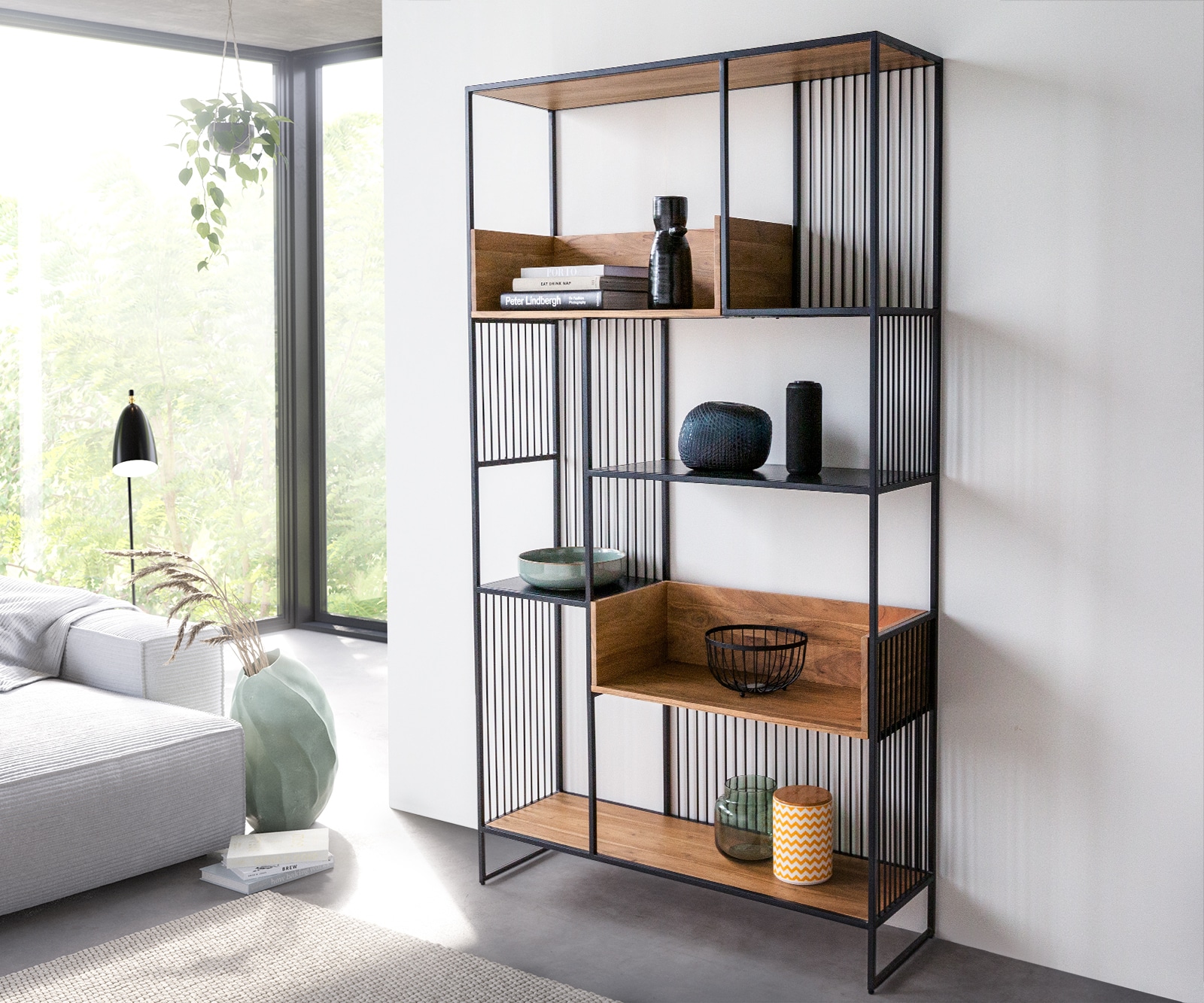 Bibliothèque Lukeo 115x200 cm Acacia Naturel Métal Noir 8