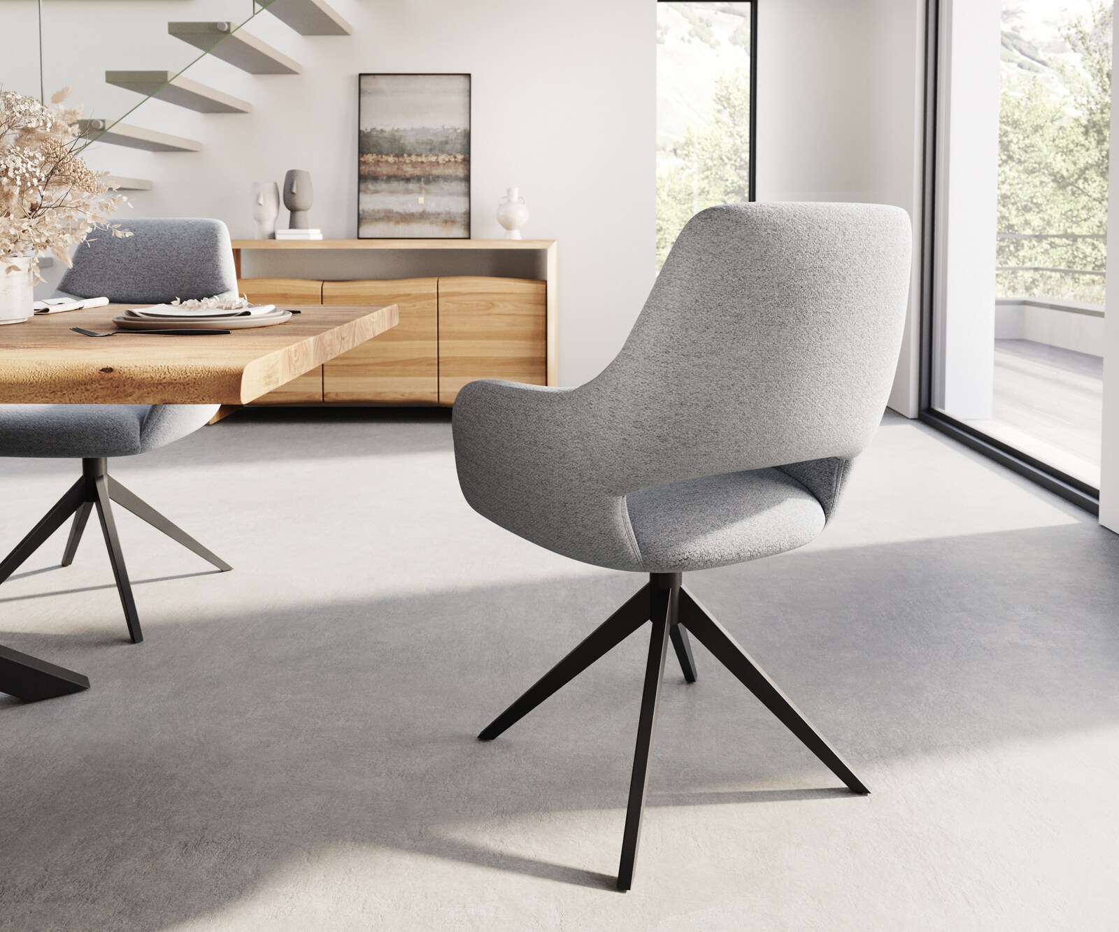 Chaise-de-salle-à-manger Yago-Flex avec accoudoirs tissu texturé gris clair pied croisé large noir ressorts ensachés 4 Chaise-de-salle-à-manger Yago-Flex avec accoudoirs tissu texturé gris clair pied croisé large noir ressorts ensachés 4