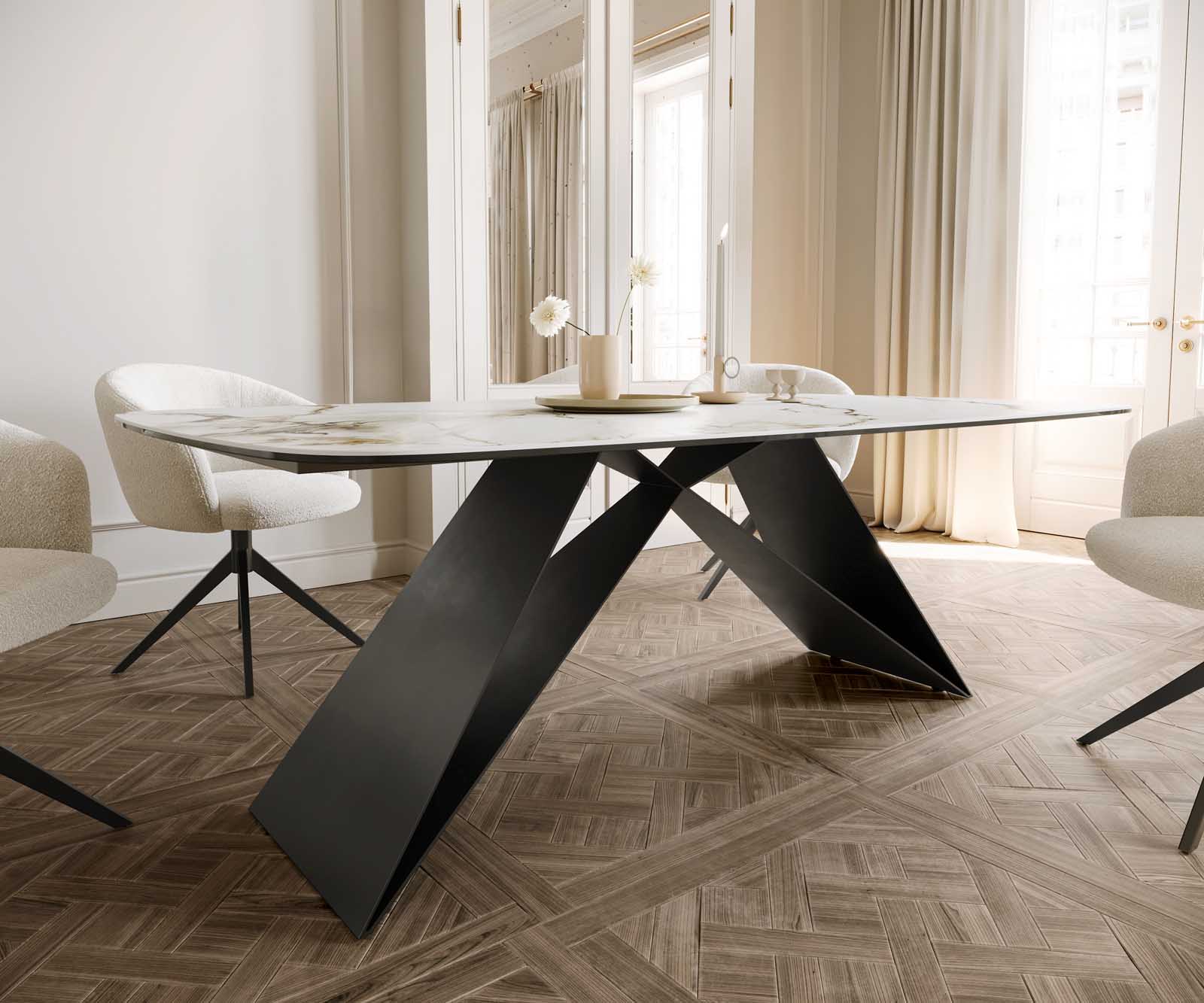 Table à manger Edge en forme de bateau 200x100 céramique Calacatta Luxe blanc-doré-gris cadre en V acier plat noir 5