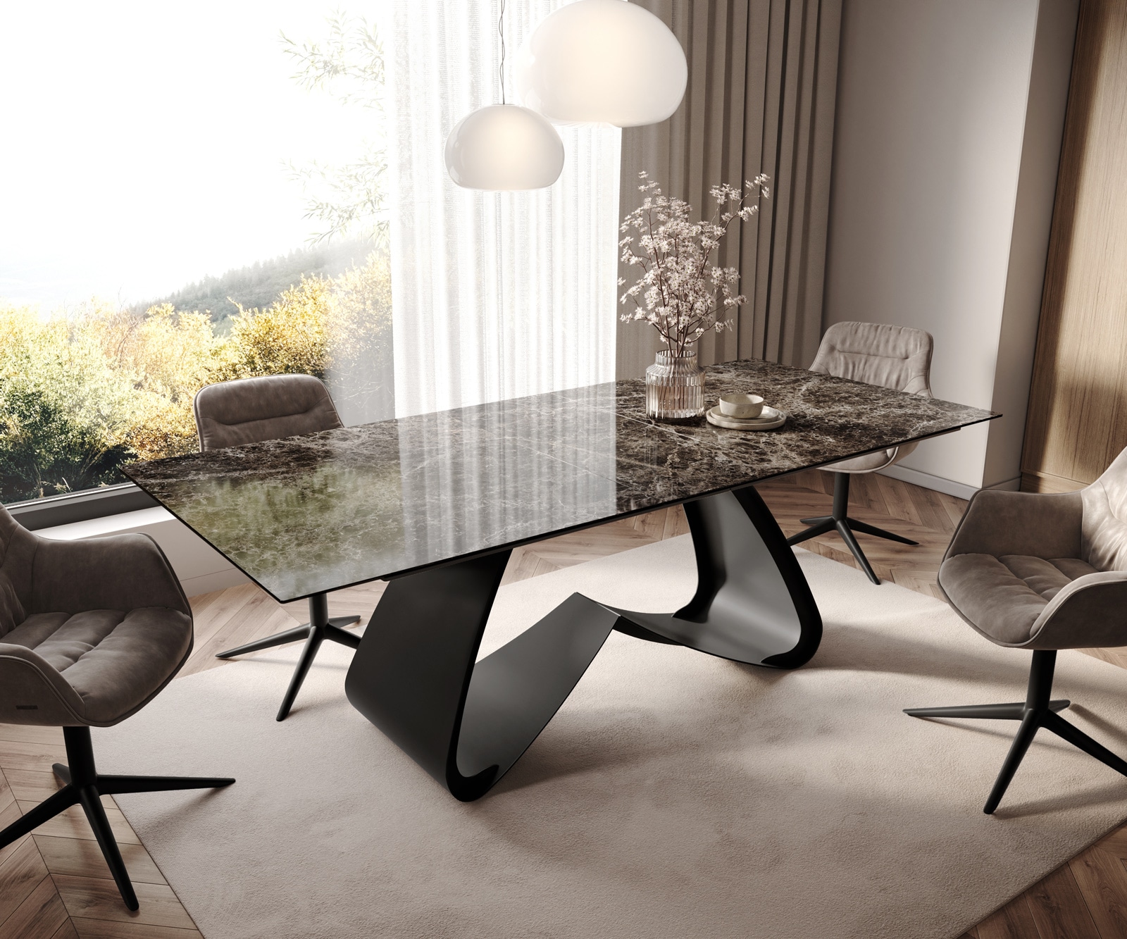 Table de salle à manger Edge Céramique Emperador Extra Lucidato Brun foncé 180-220x100 Piètement en W Noir extensible 1