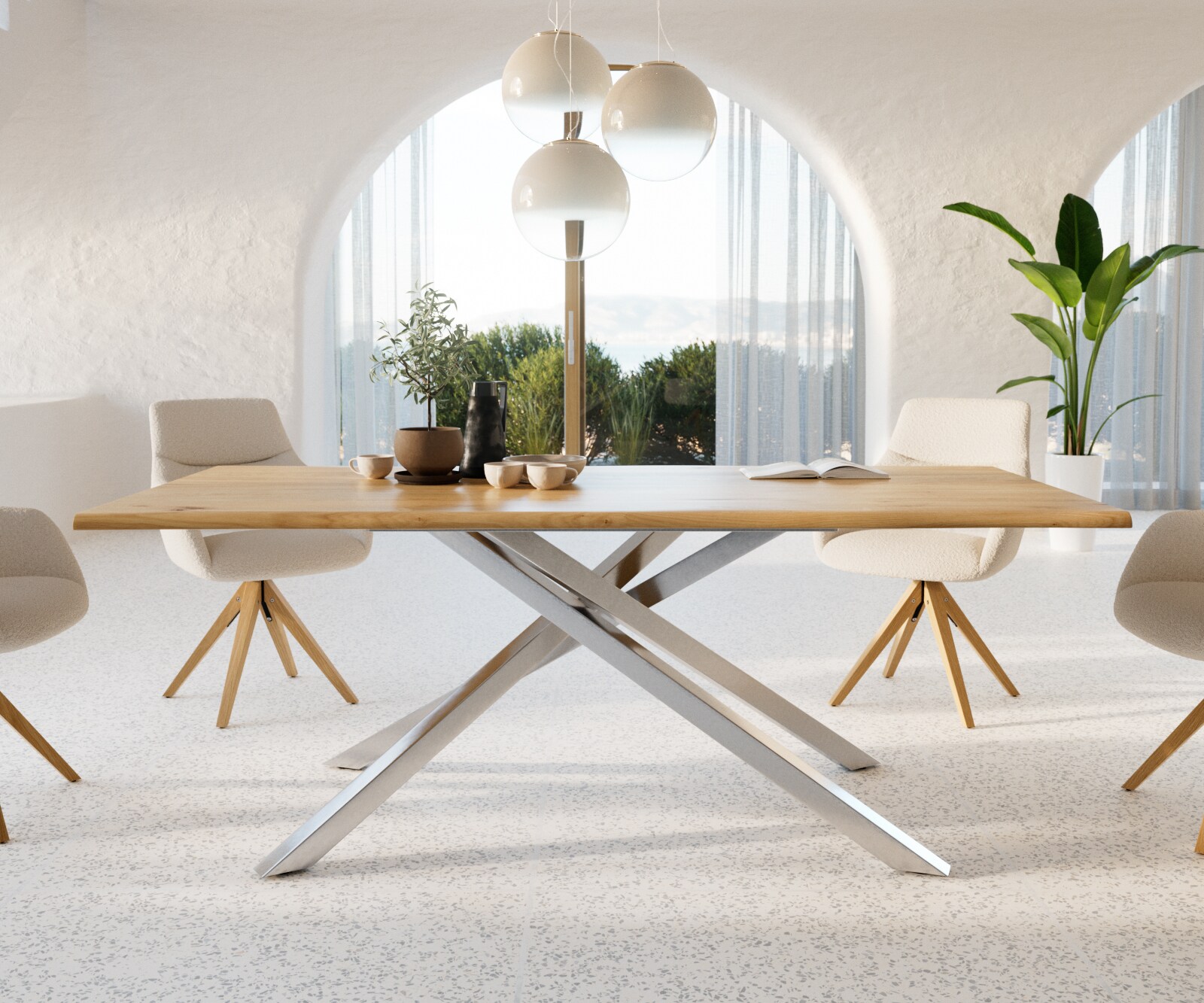 Table à manger Edge 200x100x2,5-3 chêne nature cadre croisé rectangle acier inoxydable Live-Edge 1