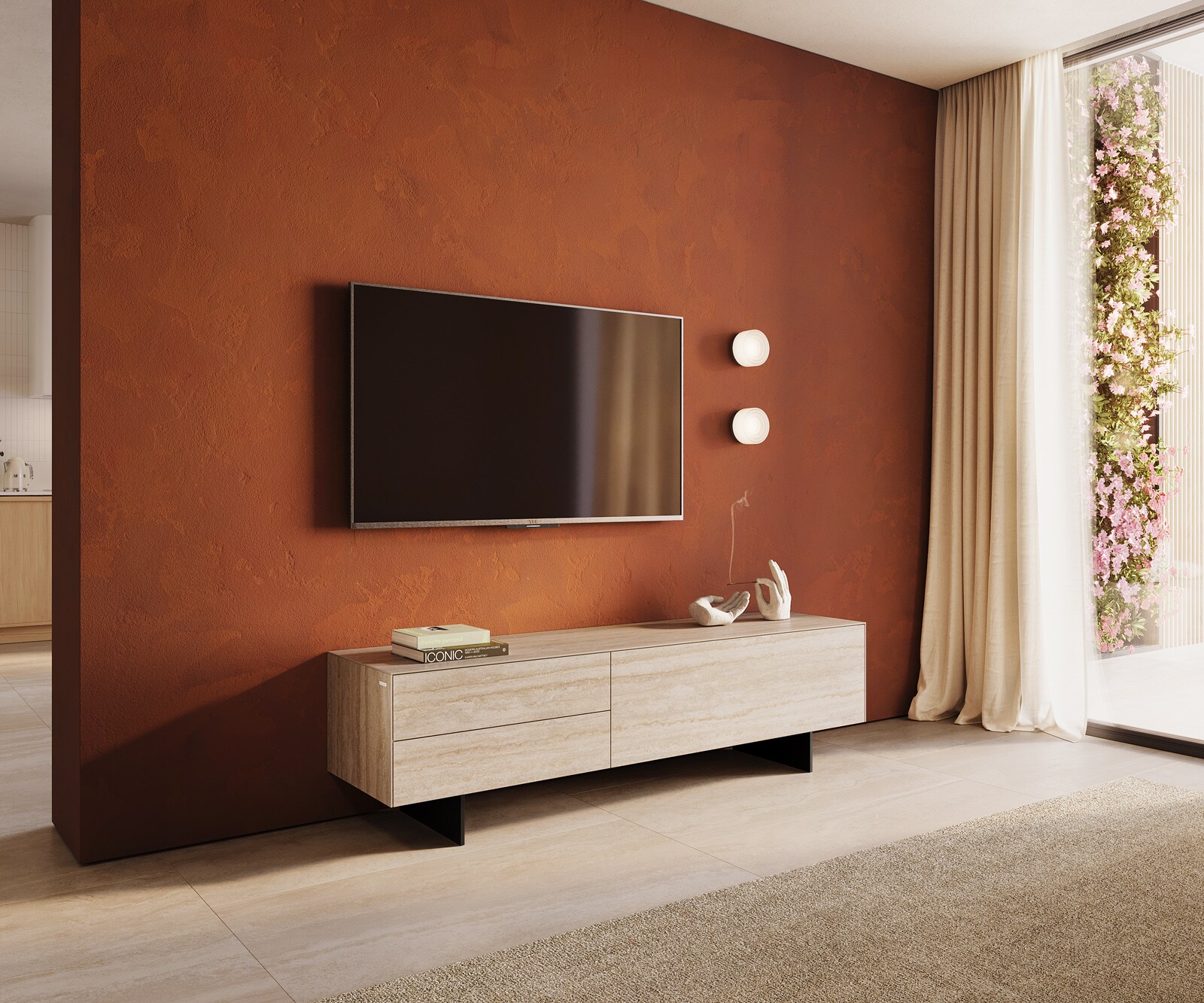 Meuble-TV Cuor 180 cm Céramique Laminam® Travertino Bianco Crème-blanc 1 Clapet 2 Tiroirs Pied optique flottant Métal Noir 1