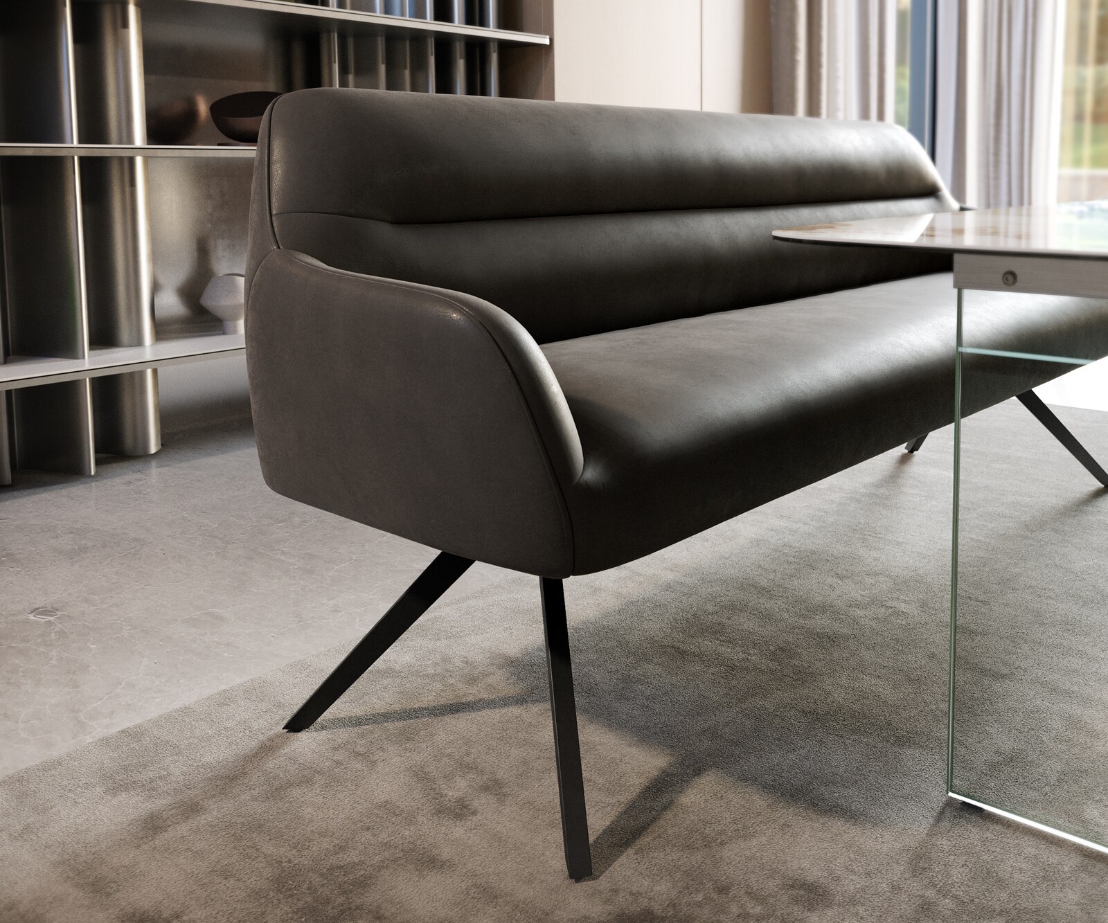 Banc-de-salle-à-manger Taya-Flex 200 cm microfibre antracite vintage pied croisé angulaire noir ressort ensaché 4