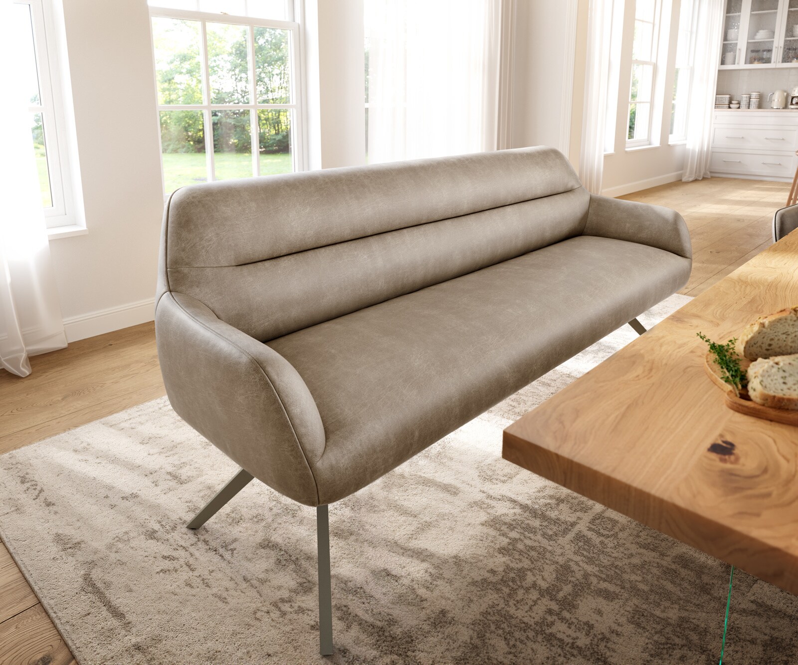 Banc-de-salle-à-manger Taya-Flex 200 cm microfibre beige vintage pied croisé angulaire titane ressort ensaché