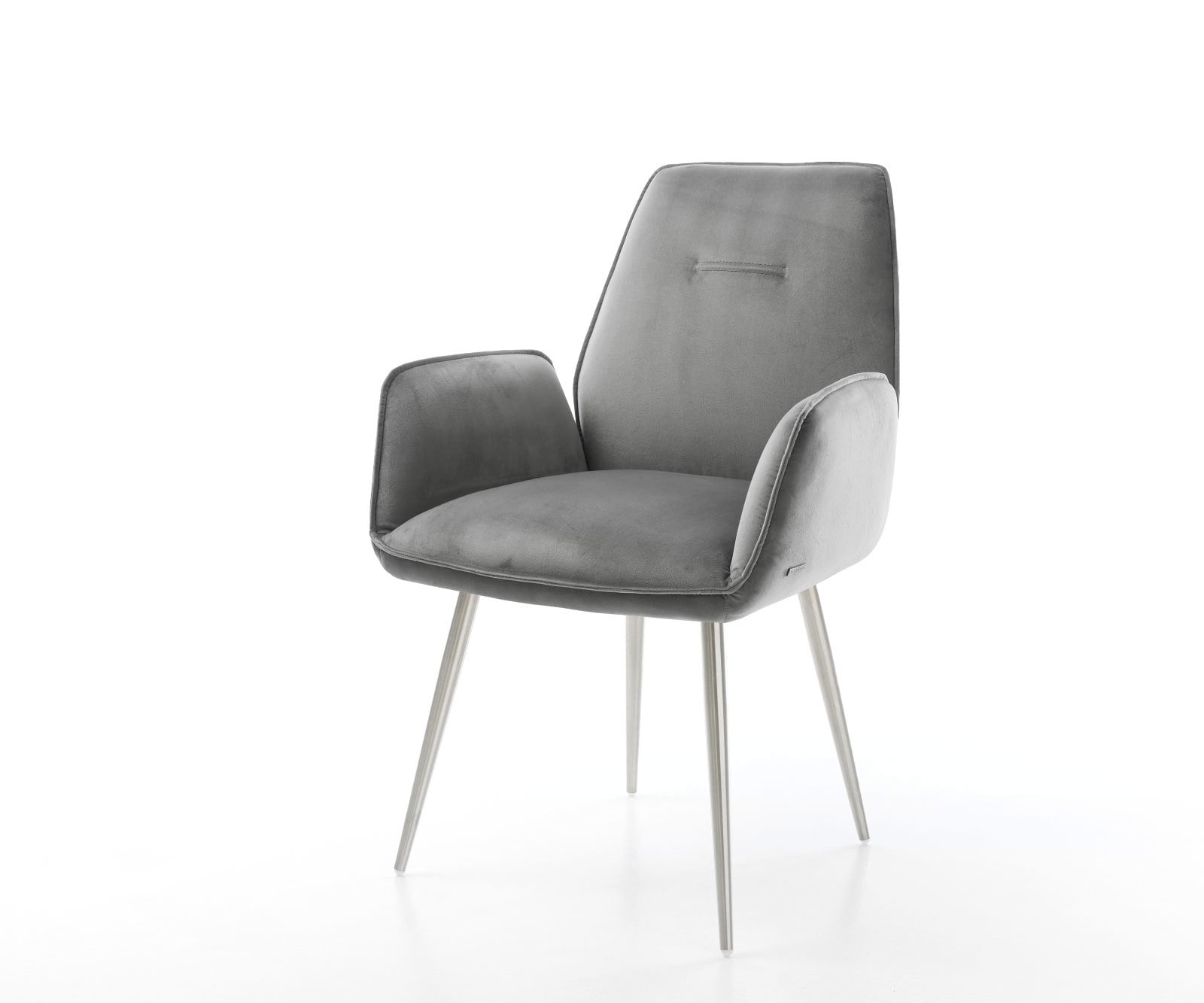 Chaise-de-salle-à-manger Zoa-Flex velours gris 4 pieds coniques acier inoxydable brossé ressorts ensachés Chaise-de-salle-à-manger Zoa-Flex velours gris 4 pieds coniques acier inoxydable brossé ressorts ensachés