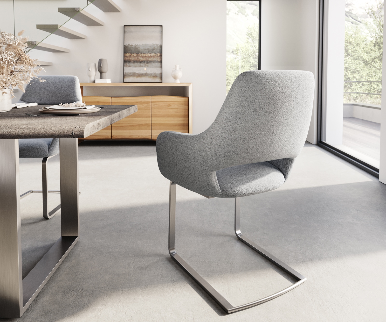 Cantilever Yago-Flex avec accoudoirs tissu texturé gris clair pied cantilever plat acier inoxydable brossé ressorts ensachés 4 Cantilever Yago-Flex avec accoudoirs tissu texturé gris clair pied cantilever plat acier inoxydable brossé ressorts ensachés 4