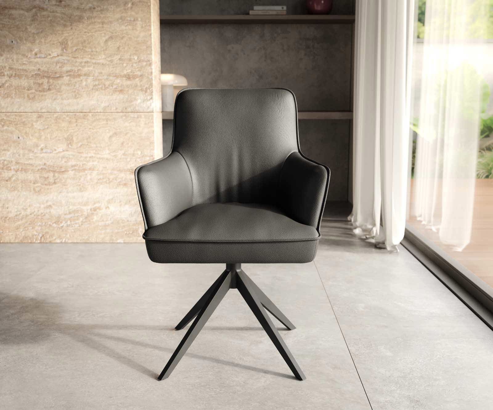 Chaise-pivotante Heira-Flex avec accoudoirs cuir de vache noir pied croisé large noir pivotement sur 360° ressorts ensachés 1 Chaise-pivotante Heira-Flex avec accoudoirs cuir de vache noir pied croisé large noir pivotement sur 360° ressorts ensachés 1