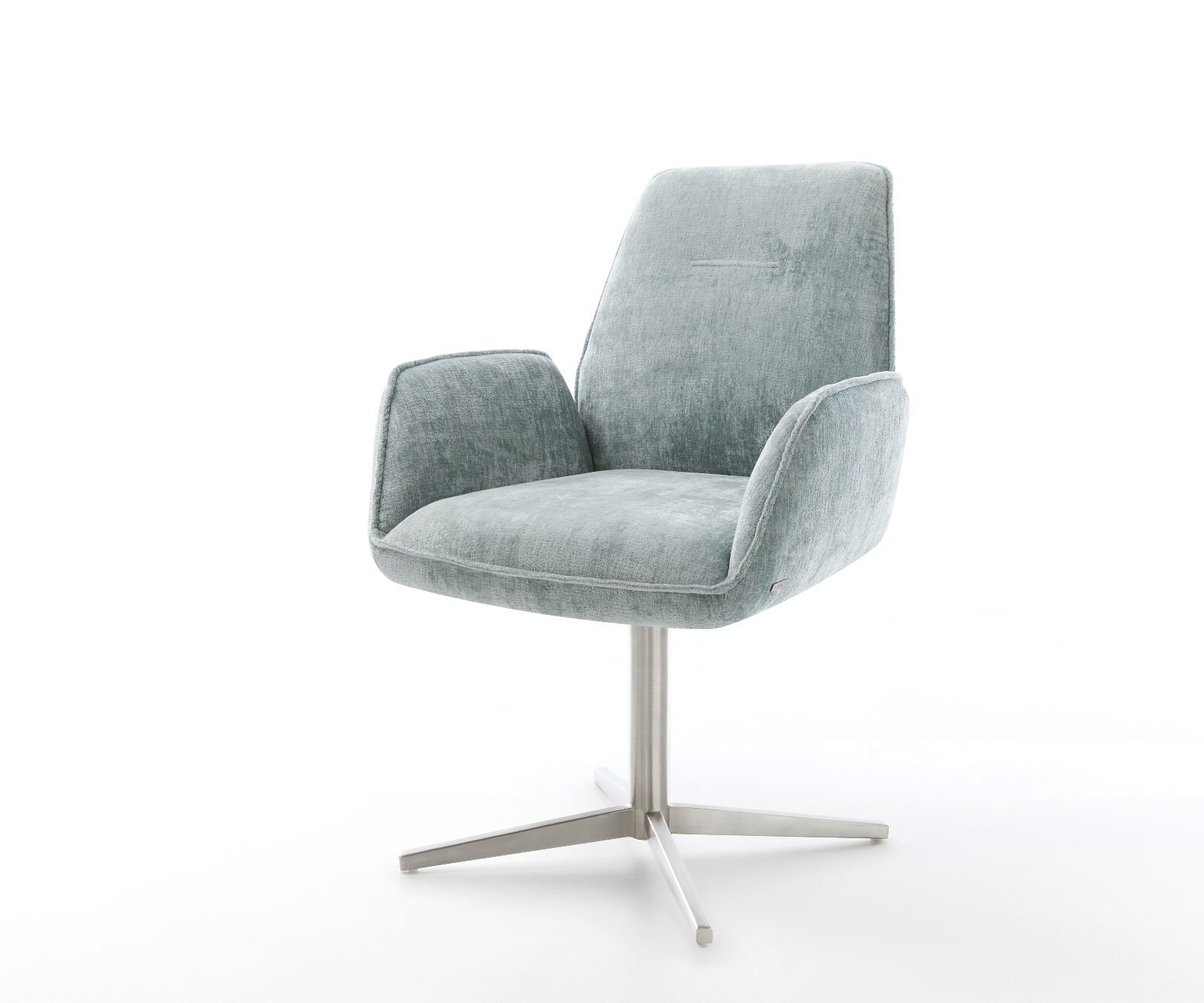 Chaise-pivotante Zoa-Flex chenille bleu pastel pied de chaise 4 branches acier inoxydable brossé pivotement sur 360° ressorts ensachés