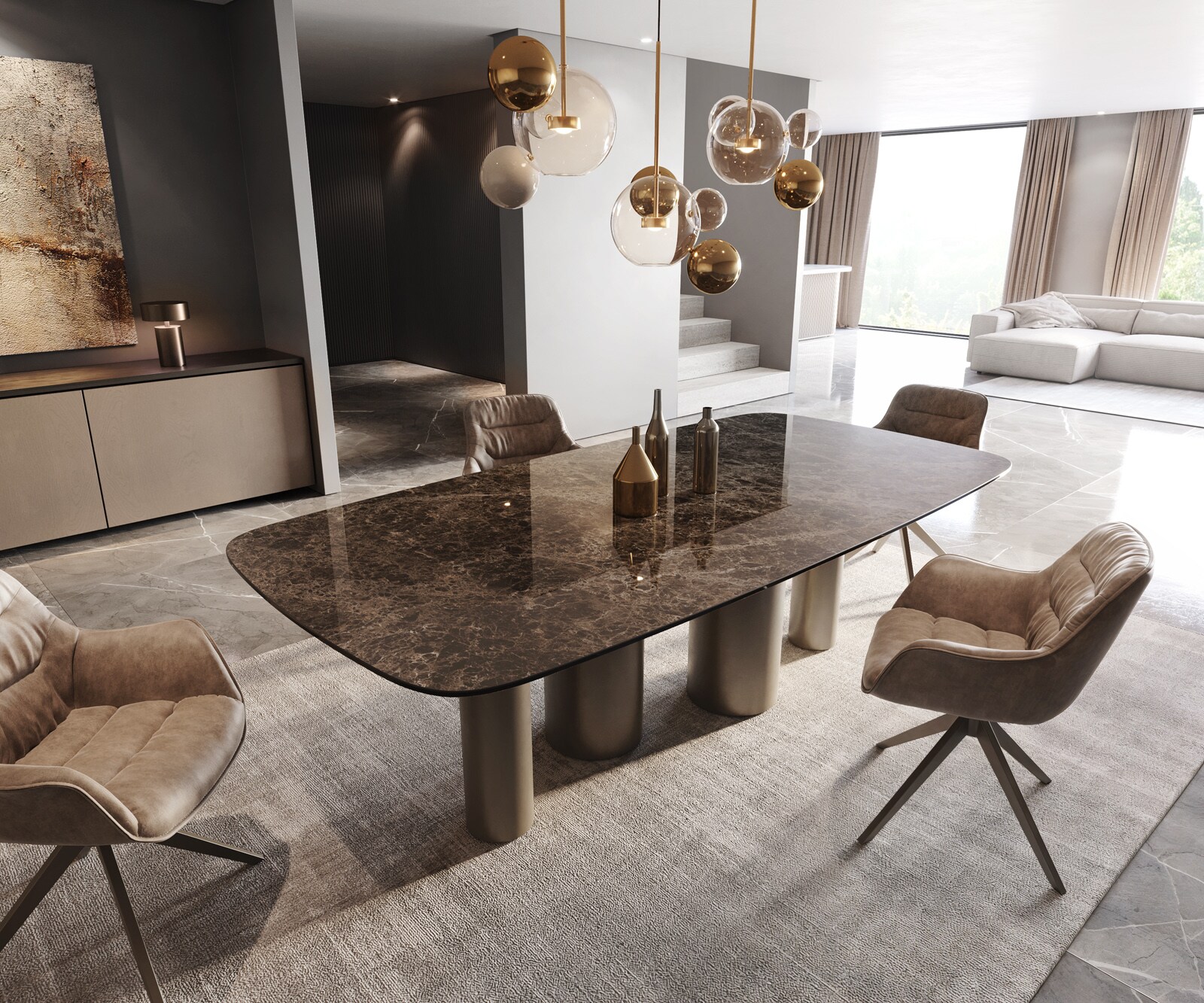 Table de salle à manger Edge Boot Céramique Emperador Extra Lucidato Brun foncé 240x120 Pilier Métal finition effet Titane