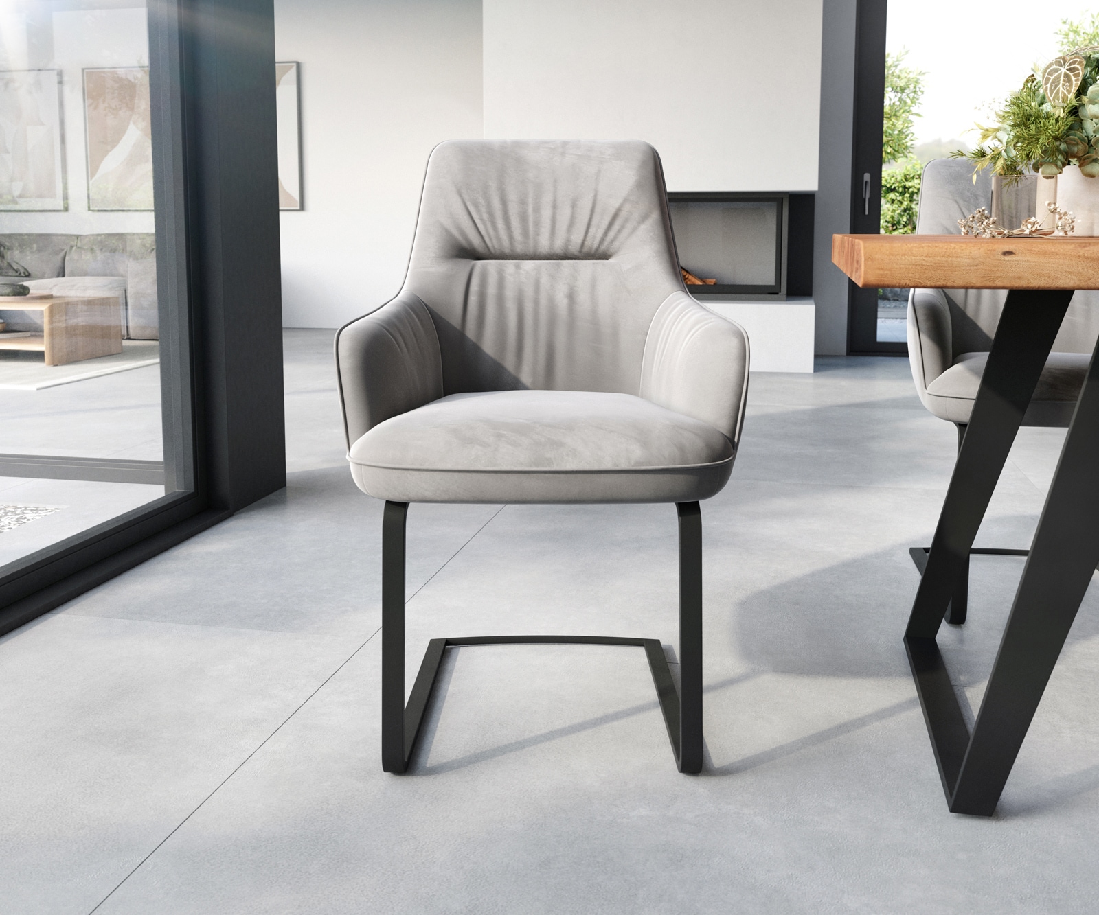 Cantilever Zelia-Flex avec accoudoirs velours gris pied cantilever plat noir ressorts ensachés 1 Cantilever Zelia-Flex avec accoudoirs velours gris pied cantilever plat noir ressorts ensachés 1