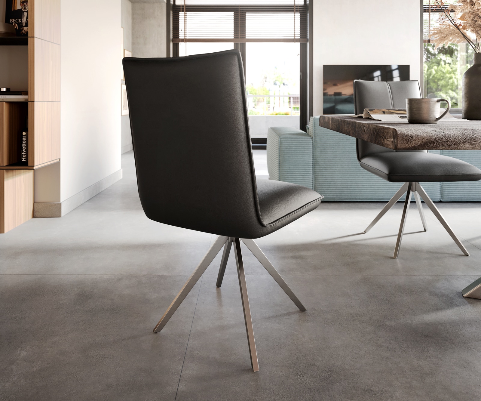 Chaise-de-salle-à-manger Lelio-Flex cuir de vache noir pied croisé large acier inoxydable brossé ressorts ensachés 4 Chaise-de-salle-à-manger Lelio-Flex cuir de vache noir pied croisé large acier inoxydable brossé ressorts ensachés 4