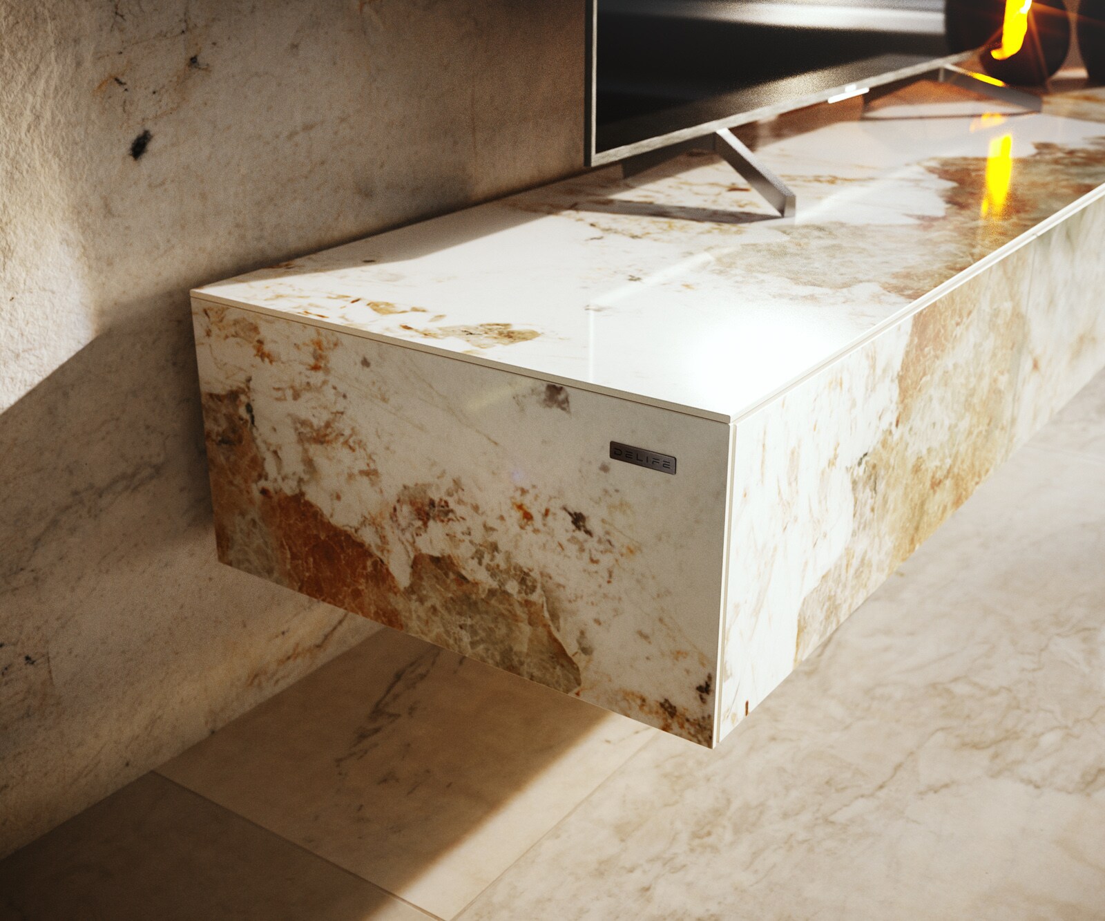 Meuble-TV Cuor 150 cm Céramique Minas Melange Blanc-beige 1 Clapet 1 Tiroir Pied optique flottant Métal Noir 6