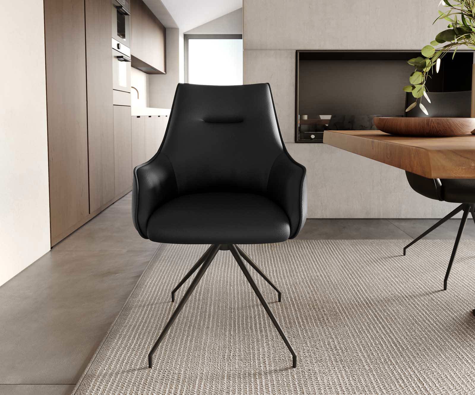 Chaise-pivotante Alja-Flex avec accoudoirs cuir de vache noir pied croisé conique noir pivotement sur 180° ressorts ensachés 1 Chaise-pivotante Alja-Flex avec accoudoirs cuir de vache noir pied croisé conique noir pivotement sur 180° ressorts ensachés 1