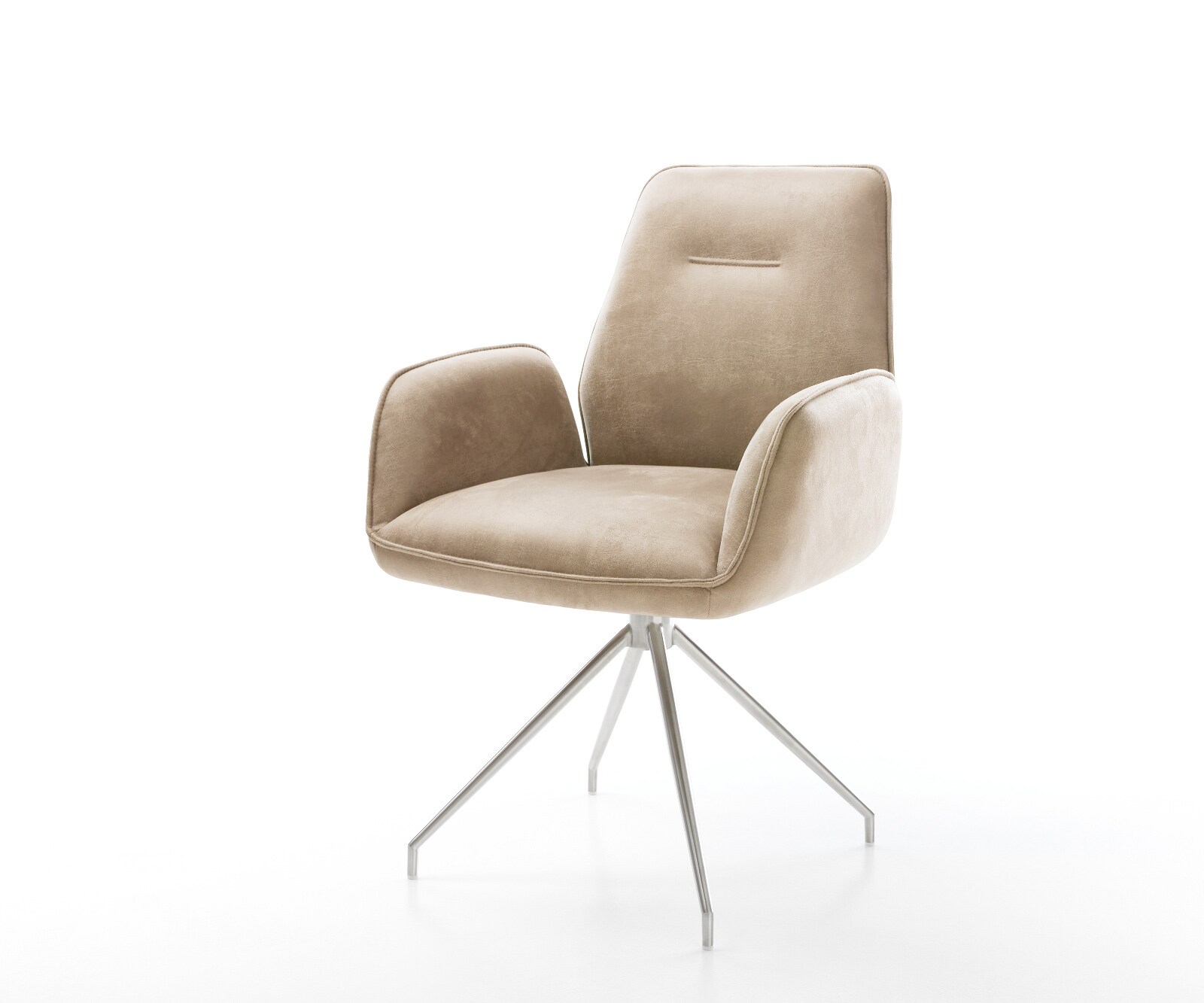 Chaise-de-salle-à-manger Zoa-Flex microvelours beige vintage pied croisé conique acier inoxydable brossé ressorts ensachés