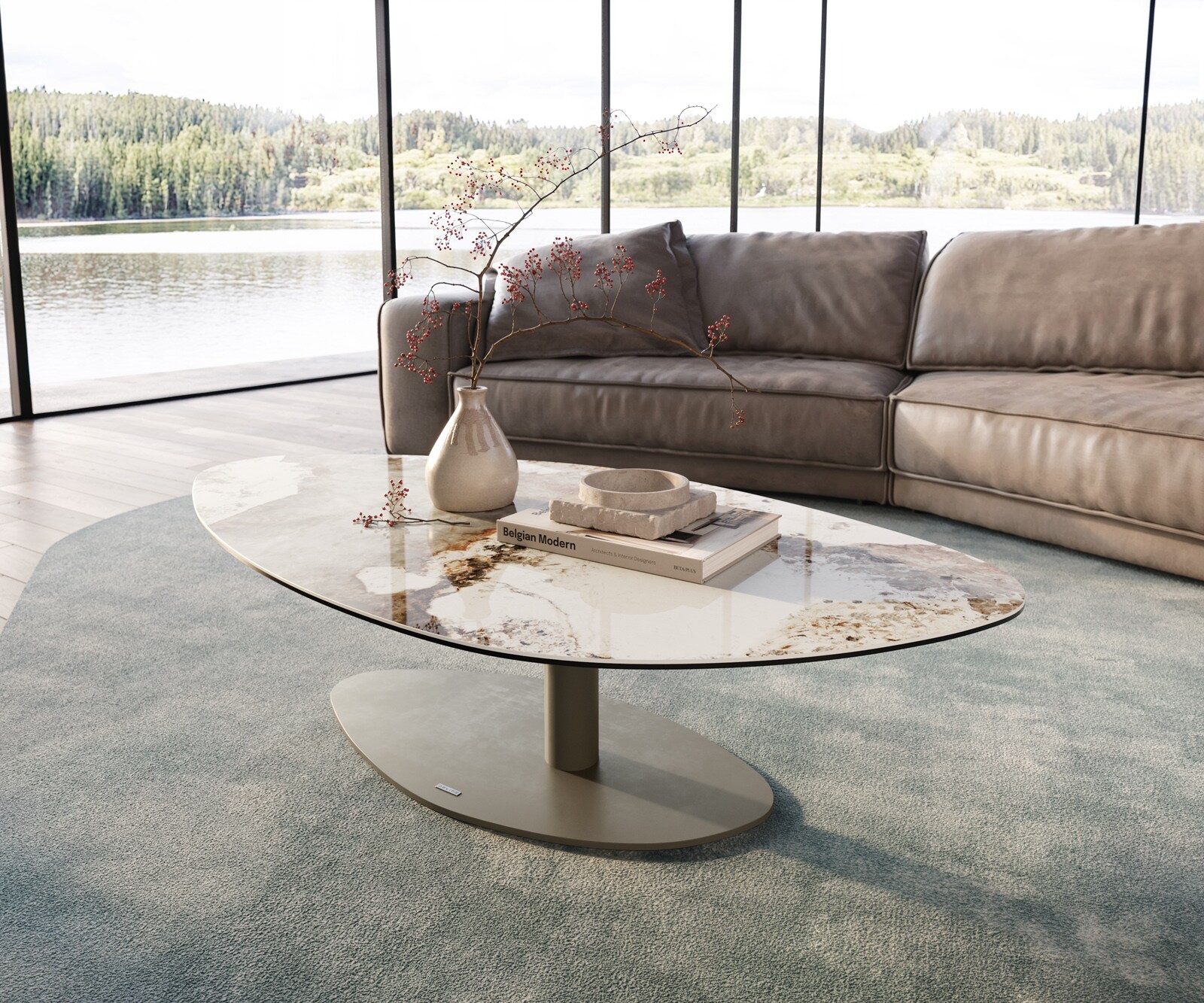 Table basse Edge Organique 140x76 cm céramique Minas Melange Vibany Metall finition effet titane 1