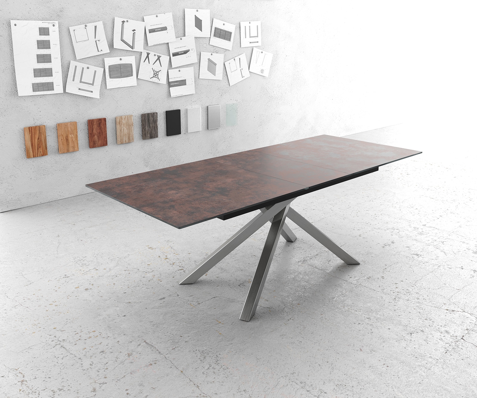 Table-à-manger Edge 180-220x90cm verre Antique-marron pieds milieu croisé argent Table-à-manger Edge 180-220x90cm verre Antique-marron pieds milieu croisé argent