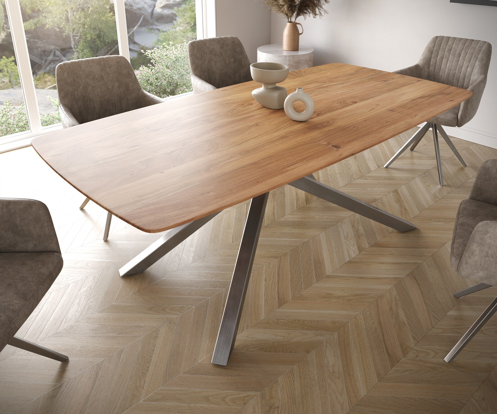 Table à manger Edge Boot 200x100 acacia nature cadre croisé rectangle acier inoxydable bord suisse 3