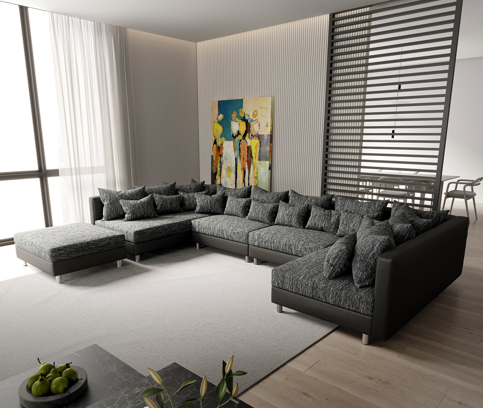 Canapé-Panoramique Clovis XL Canapé modulable noir avec tabouret 