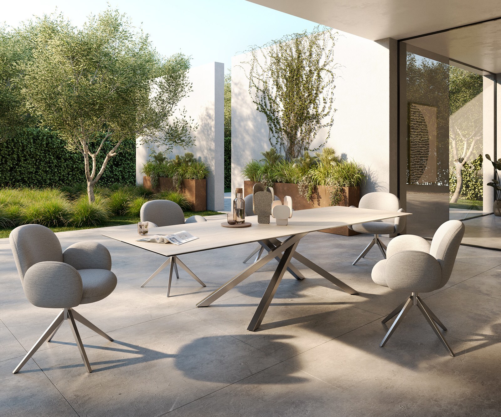Table d’extérieur Edge 300x100 cm céramique Laminam® Travertino Bianco blanc crème piètement croisé rectangulaire en acier inoxydable 5