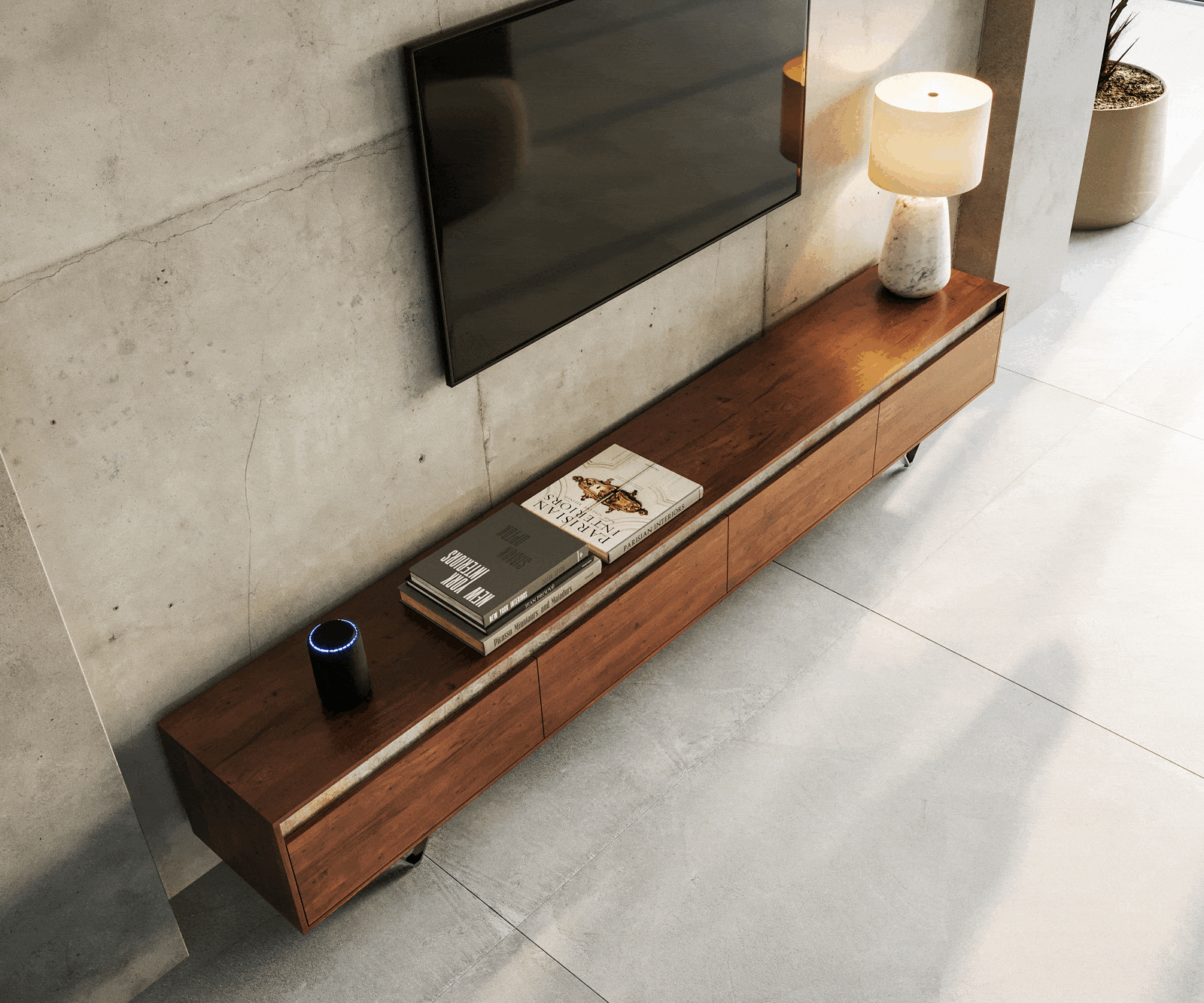 Meuble-TV Stonegrace 240 cm acacia marron ardoise 4 portes pied en V noir 3