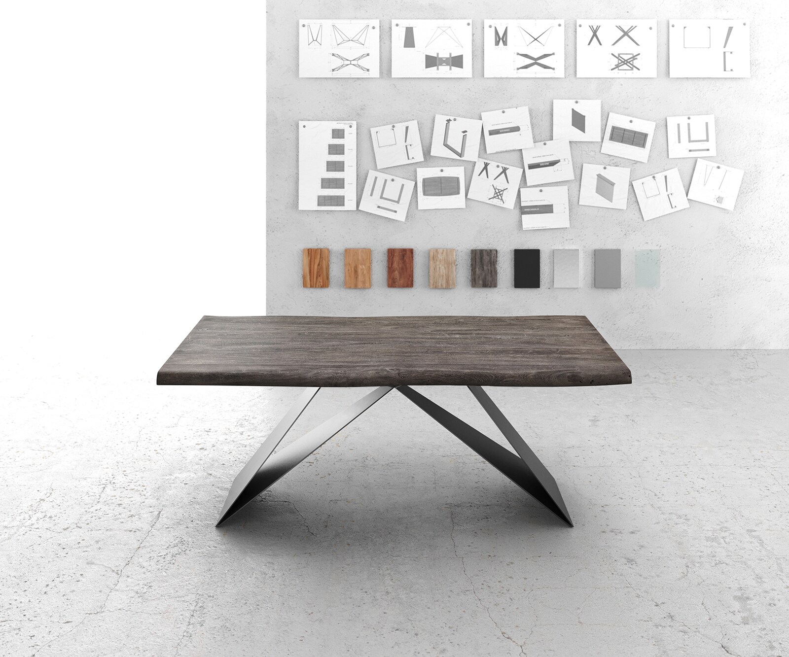 Table à manger Edge 200x100 XL Acacia Platine cadre V Acier plat Noir Live-Edge 2