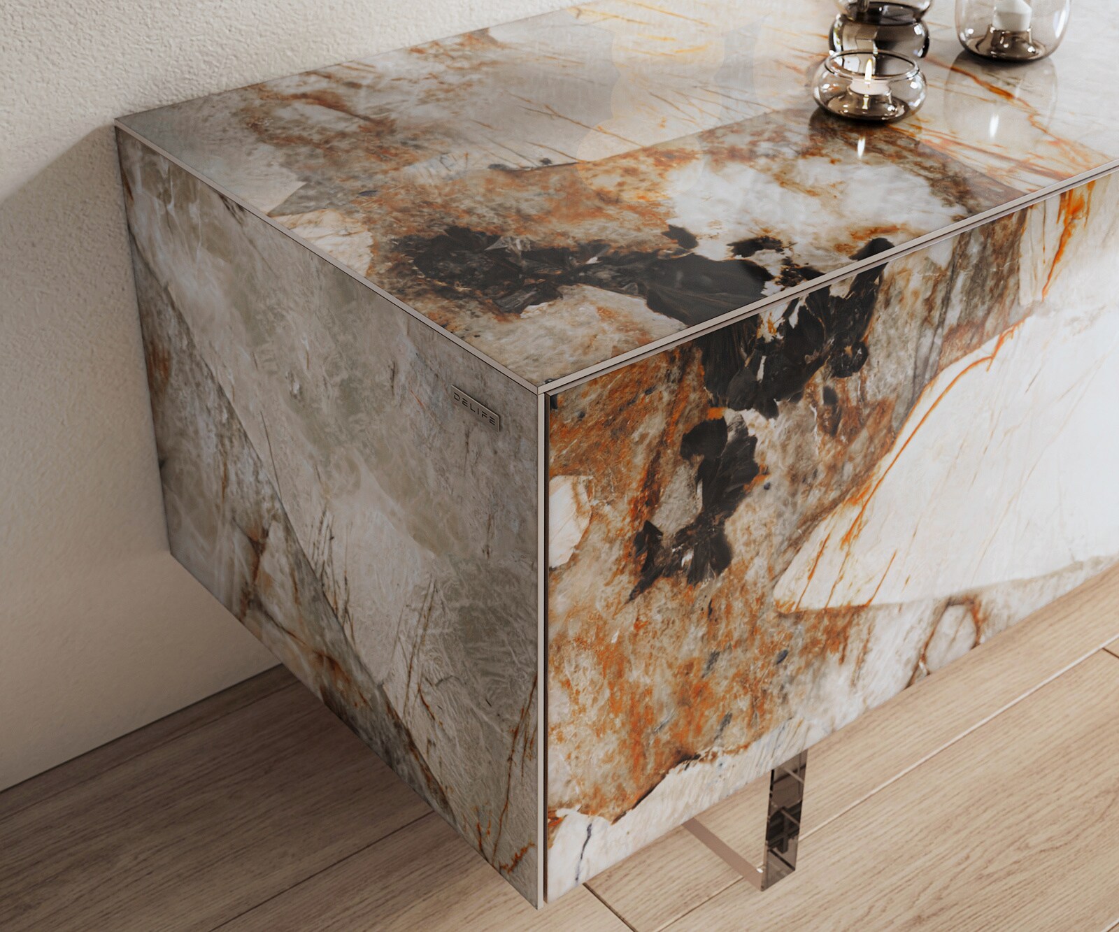 Meuble-TV Cuor 220 cm Céramique Patagonia raffinée 1 Clapet 2 Tiroirs Pied optique flottant Verre acrylique 5