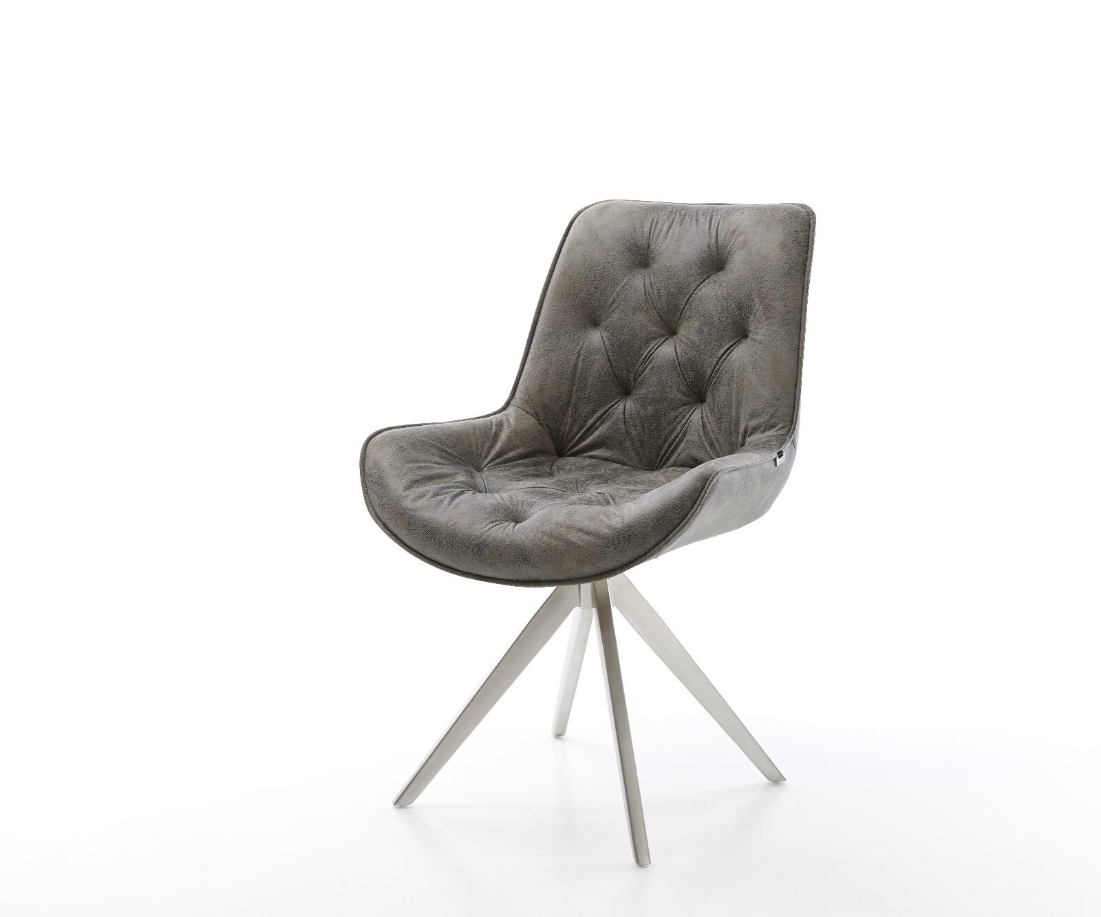 Chaise-de-salle-à-manger Taimi-Flex microvelours gris antique pied croisé angulaire acier inoxydable brossé