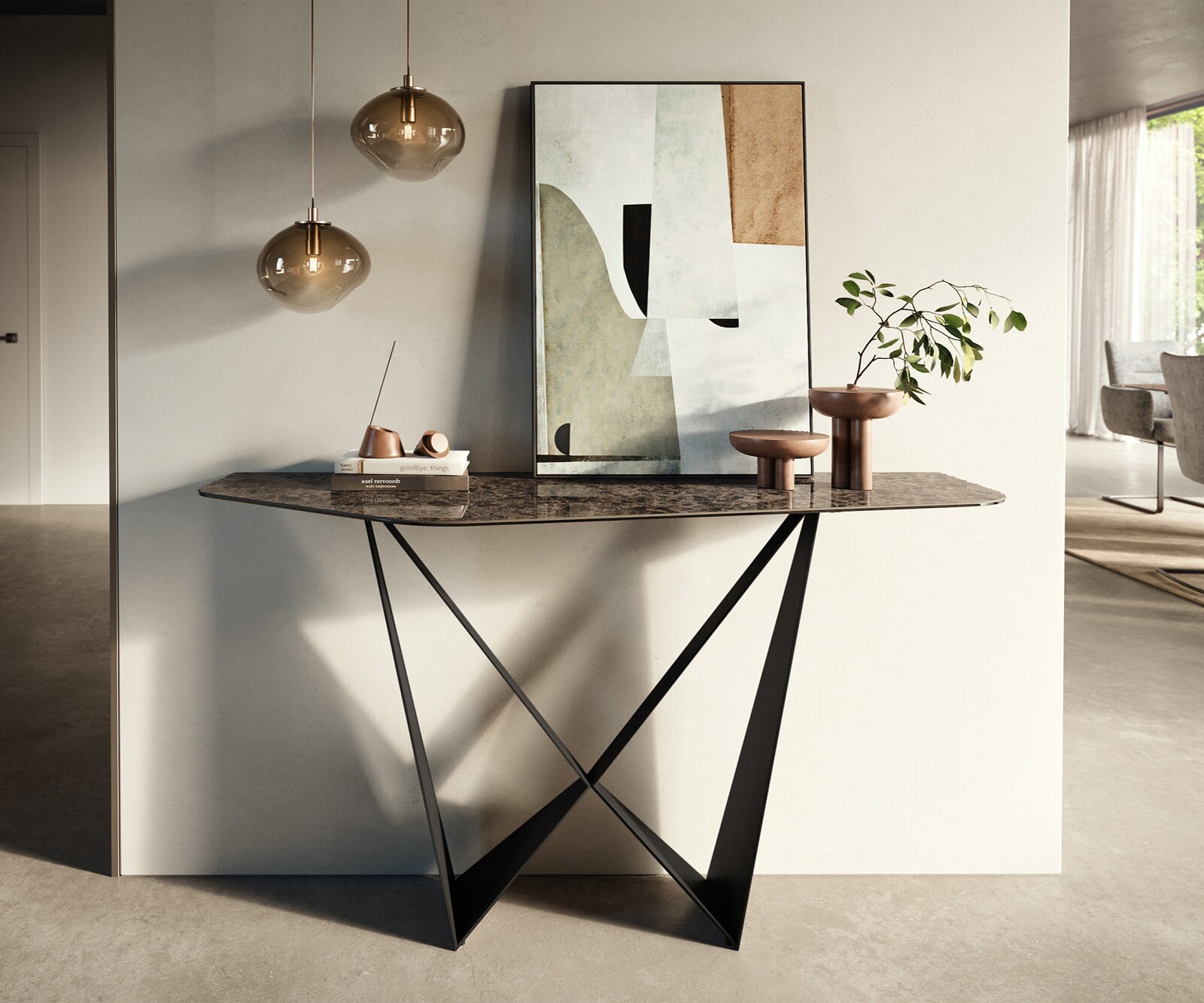 Console Edge Polygonal 140x50 cm Céramique Emperador Extra Lucidato Dunkelbraun Spios Métal Noir