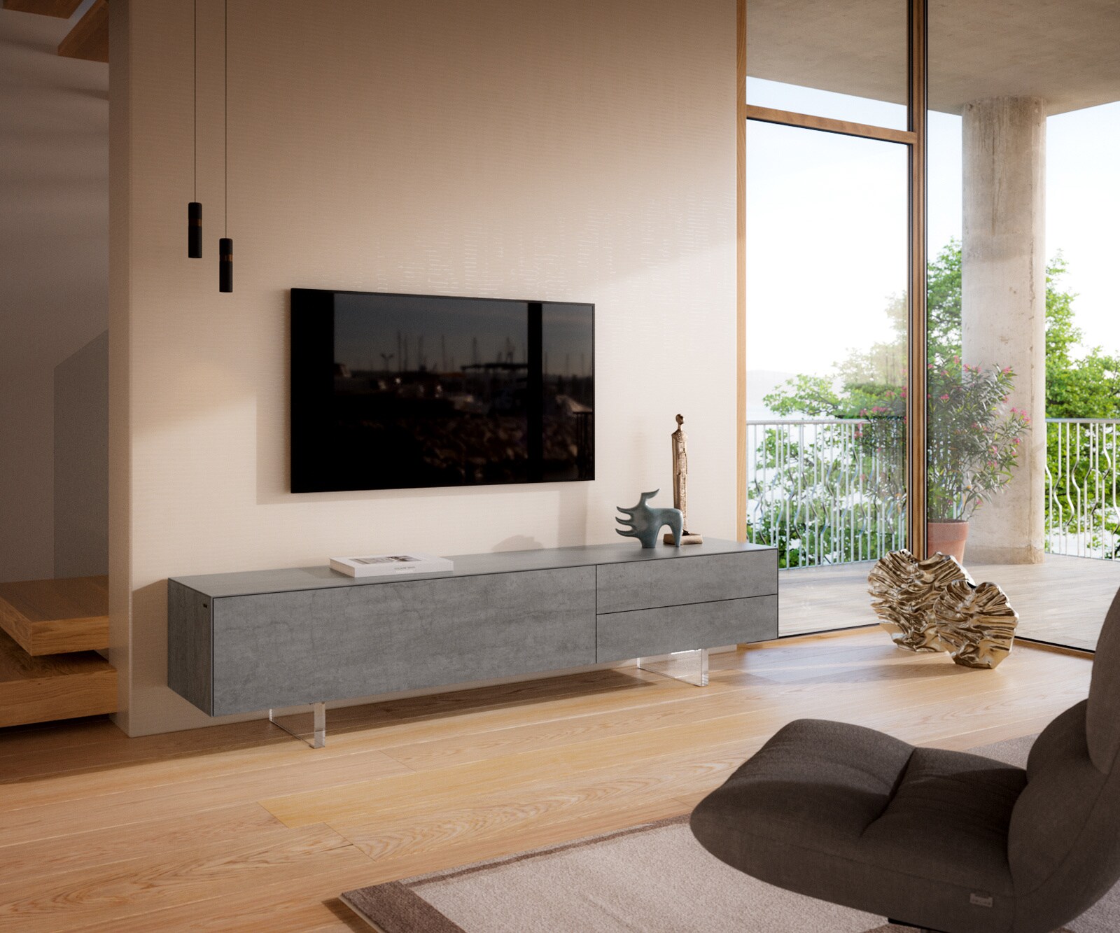 Meuble-TV Cuor 220 cm Céramique Béton gris 1 Clapet 2 Tiroirs Pied optique flottant Verre acrylique 1