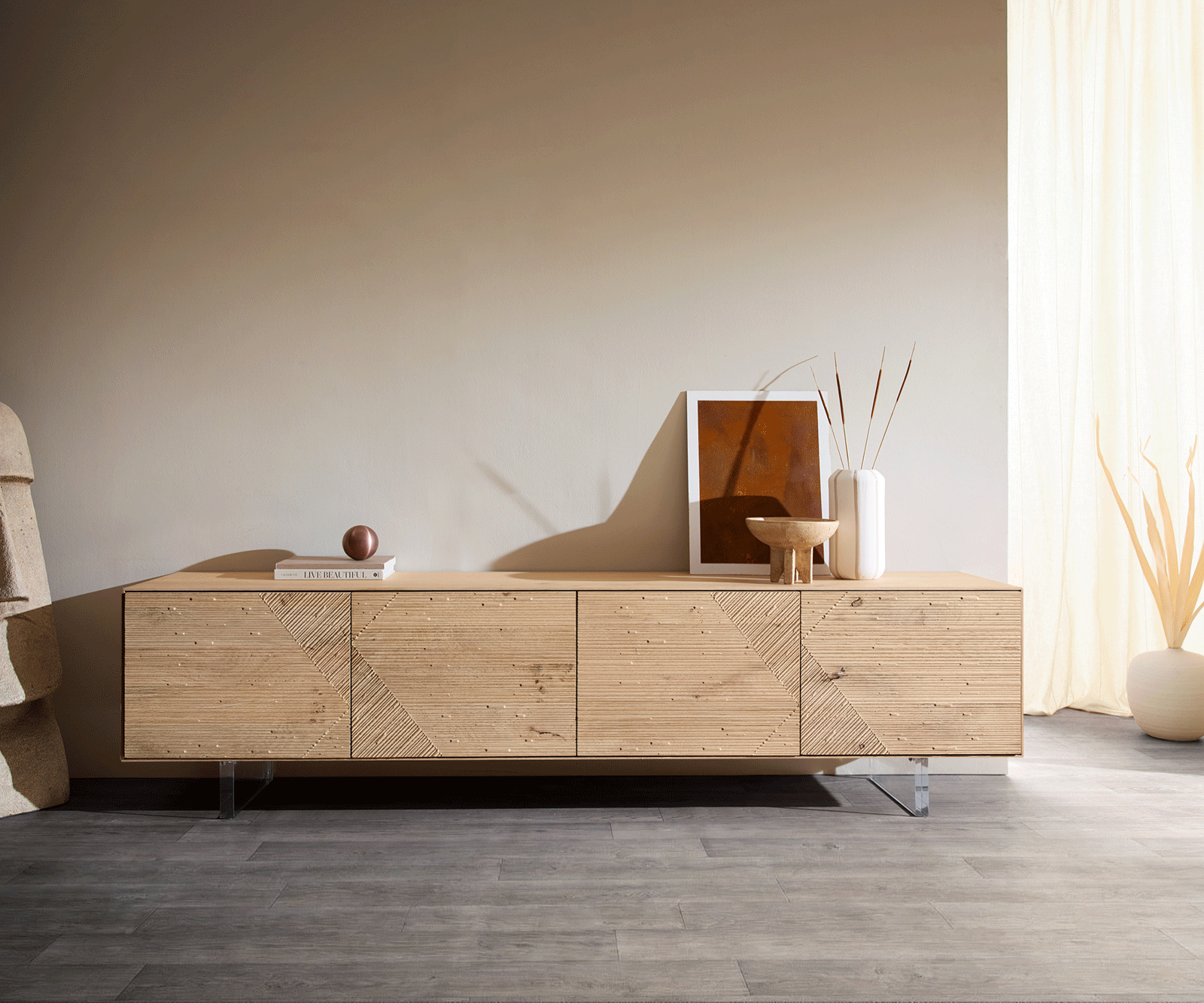 Meuble-TV Tereos 220 cm, chêne naturel, effet 3D, 4 portes, pieds suspendus, verre acrylique 4