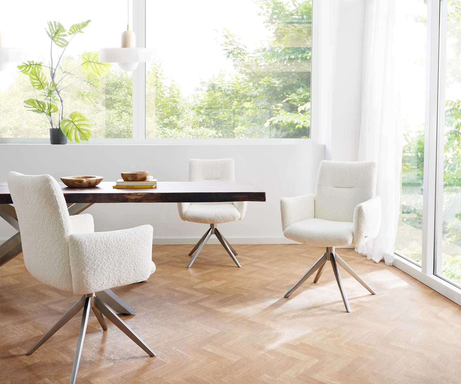 Chaise-pivotante Jova-Flex avec accoudoirs bouclé blanc pied croisé large acier inoxydable brossé pivotement sur 360° ressorts ensachés 5 Chaise-pivotante Jova-Flex avec accoudoirs bouclé blanc pied croisé large acier inoxydable brossé pivotement sur 360° ressorts ensachés 5