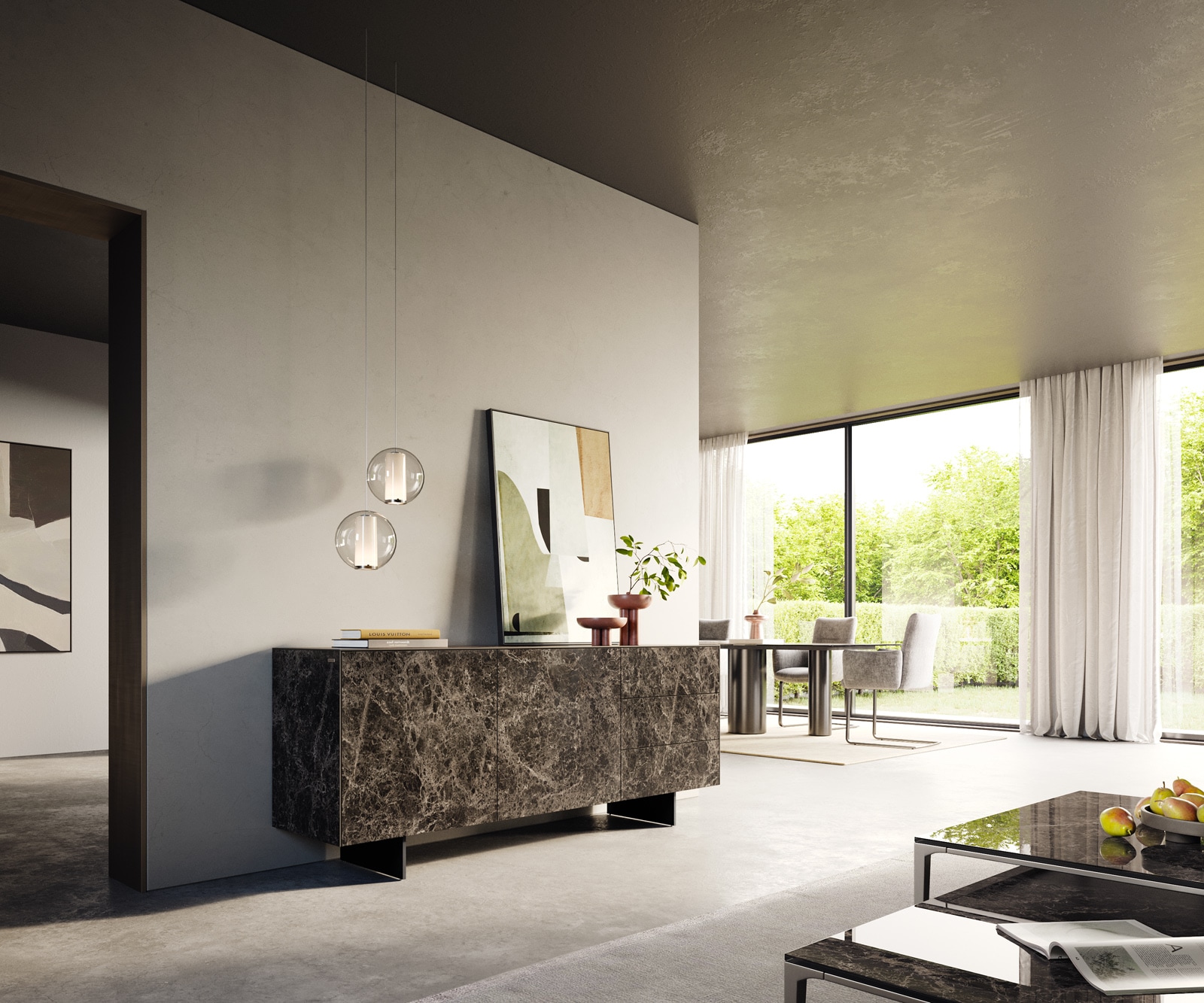 Buffet Cuor 180 cm Céramique Emperador Extra Lucidato brun foncé 2 Portes 3 Tiroirs Pied optique flottant Métal Noir 7