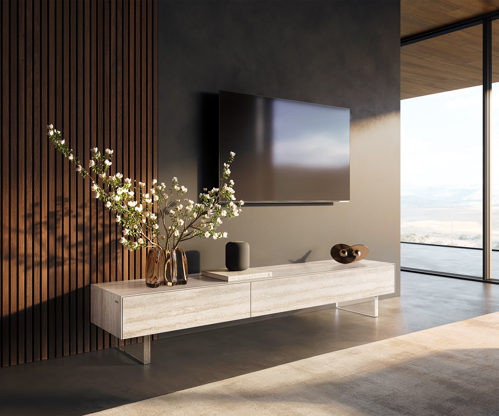 Meuble-TV Cuor 200 cm Céramique Laminam® Travertino Bianco Crème-blanc 1 Clapet 1 Tiroir Pied optique flottant Verre acrylique