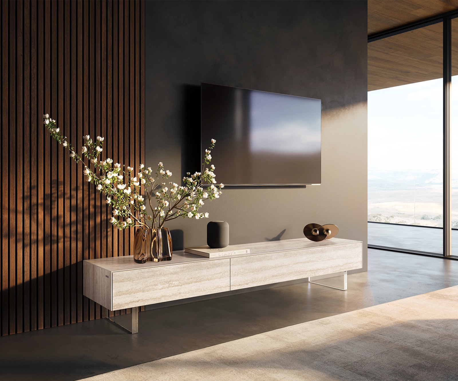 Meuble-TV Cuor 200 cm Céramique Laminam® Travertino Bianco Crème-blanc 1 Clapet 1 Tiroir Pied optique flottant Verre acrylique Meuble-TV Cuor 200 cm Céramique Laminam® Travertino Bianco Crème-blanc 1 Clapet 1 Tiroir Pied optique flottant Verre acrylique
