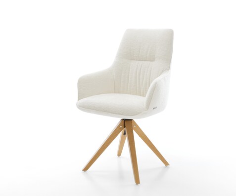 Chaise-pivotante Zelia-Flex avec accoudoirs bouclé doux beige pied en bois angulaire naturel pivotement sur 180° resorts ensachés