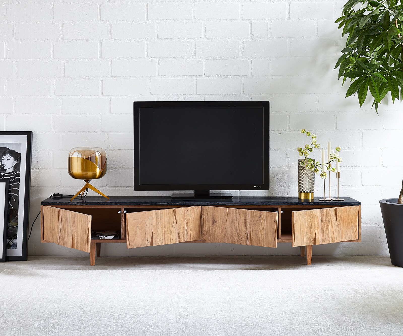 Meuble-TV Shia 200cm acacia naturel marbre noir 4 portes 3