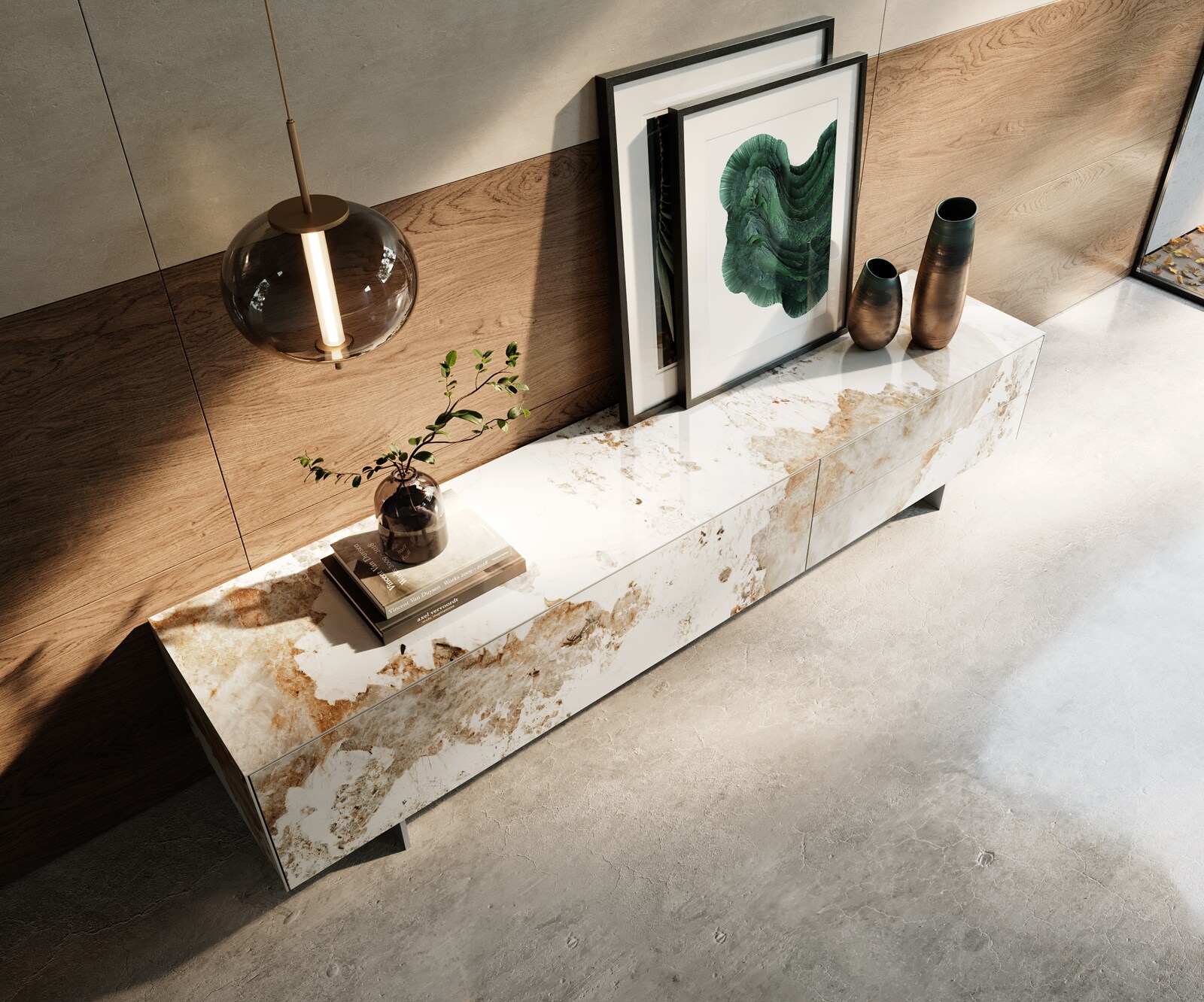 Meuble-TV Cuor 220 cm Céramique Minas Melange Blanc-beige 1 Clapet 2 Tiroirs Pied optique flottant Ancier inoxydable 3