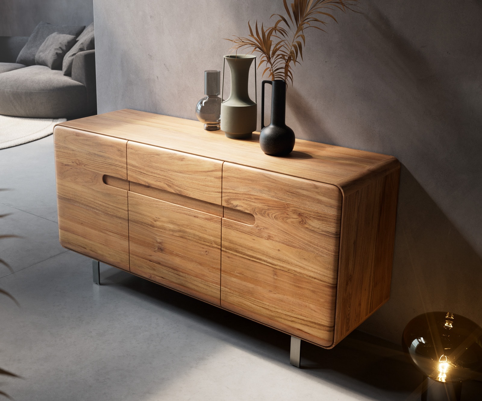 Buffet Anaya 145 cm acacia naturel 3 portes pied en L inox 2 Buffet Anaya 145 cm acacia naturel 3 portes pied en L inox 2