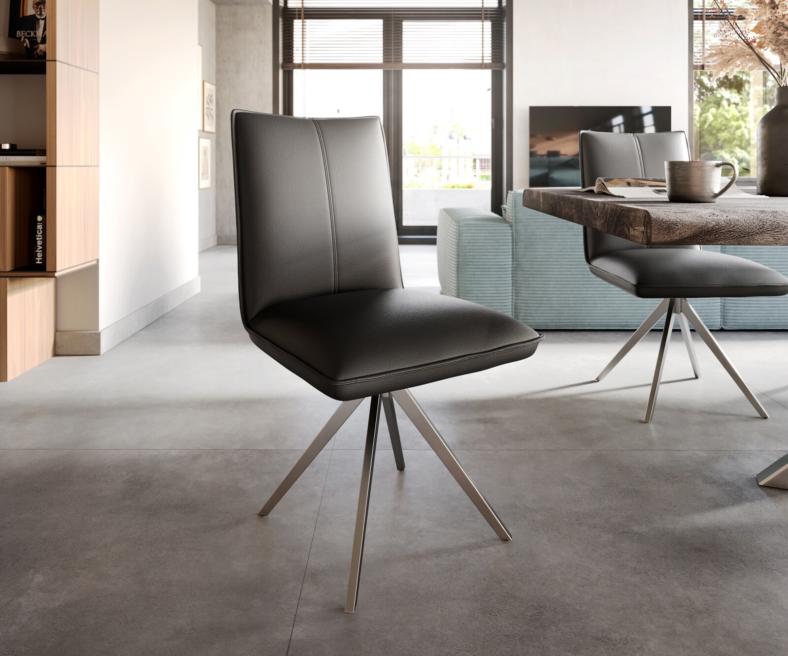 Chaise-de-salle-à-manger Lelio-Flex cuir de vache noir pied croisé large acier inoxydable brossé ressorts ensachés
