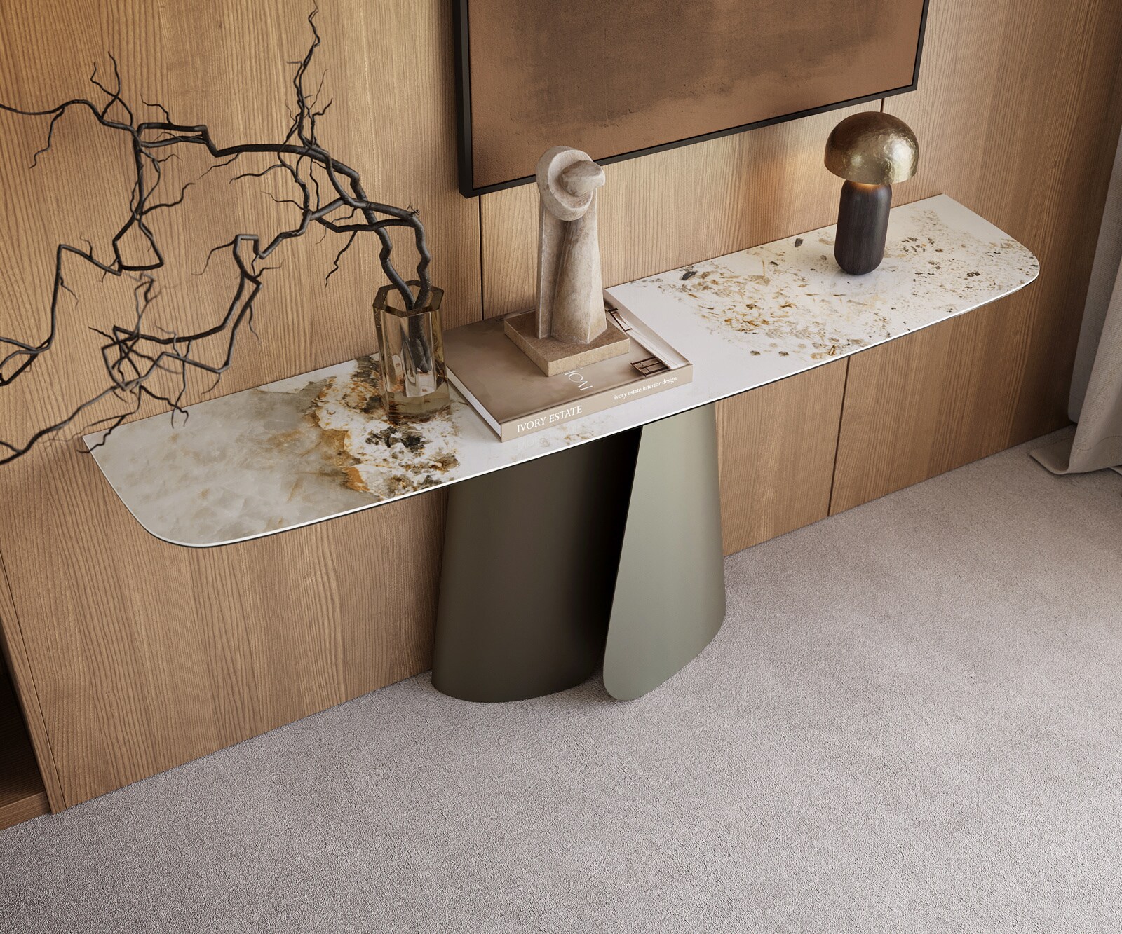 Console Edge forme bateau 180x40 cm Céramique Minas Melange Weiß-Beige Livos Métal Effektfinish Titan 2