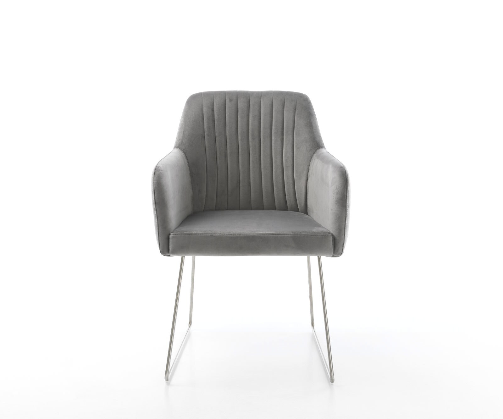 Chaise-de-salle-à-manger Greg-Flex velours gris pied trapèze acier inoxydable brossé ressorts ensachés 1 Chaise-de-salle-à-manger Greg-Flex velours gris pied trapèze acier inoxydable brossé ressorts ensachés 1