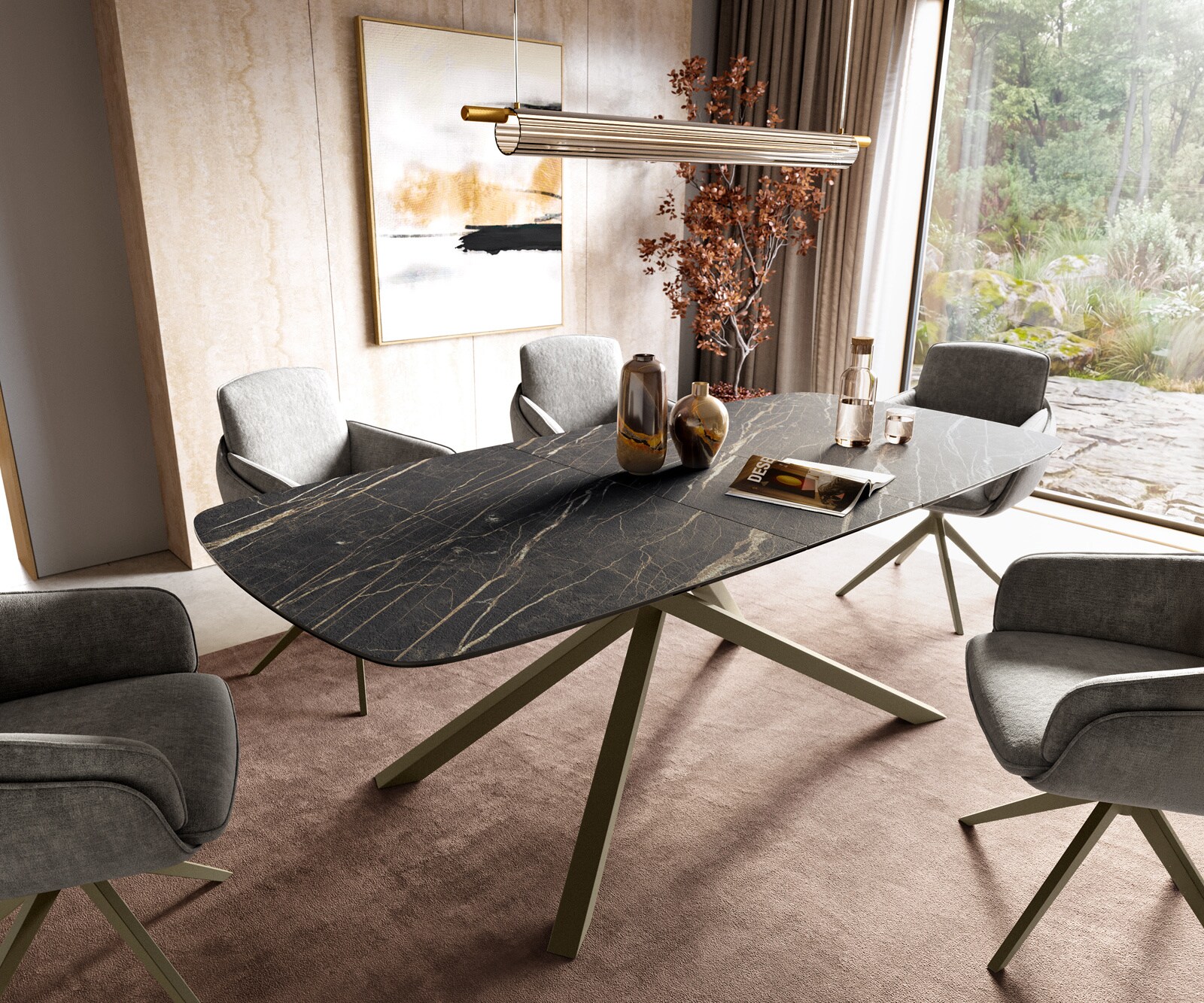 Table à manger Edge Boot 180-220x100 cm Laminam® Céramique Noir Desir Braun piètement en croix Rectangle Finition effet Titan extensible 1