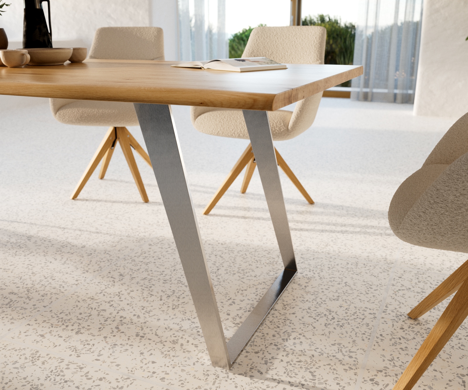 Table à manger Edge 200x100x2,5-3 chêne nature acier inoxydable inclinée Live-Edge 6 Table à manger Edge 200x100x2,5-3 chêne nature acier inoxydable inclinée Live-Edge 6