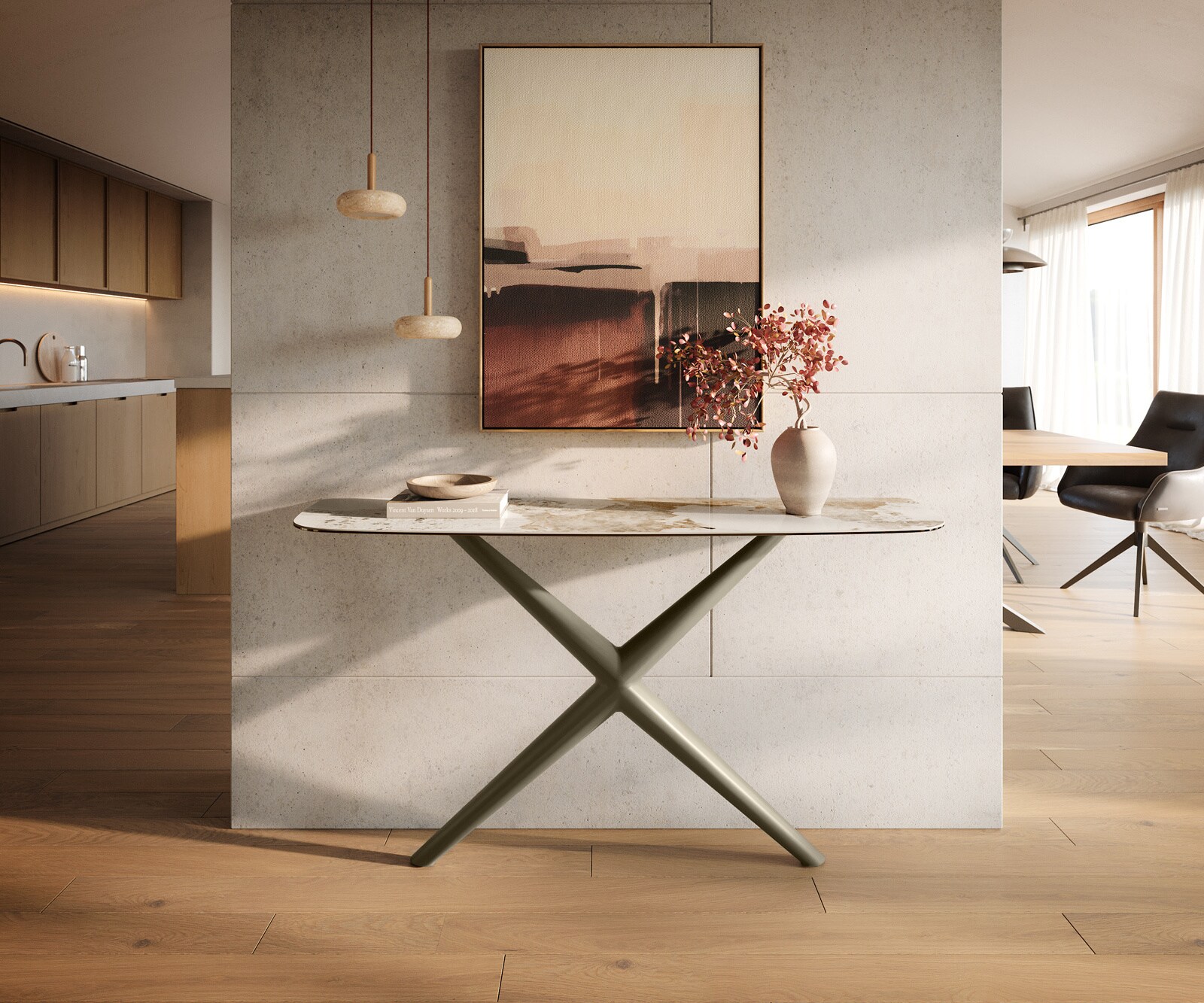 Console Edge forme bateau 140x40 cm Céramique Minas Melange Weiß-Beige Estelo Métal Effektfinish Titan