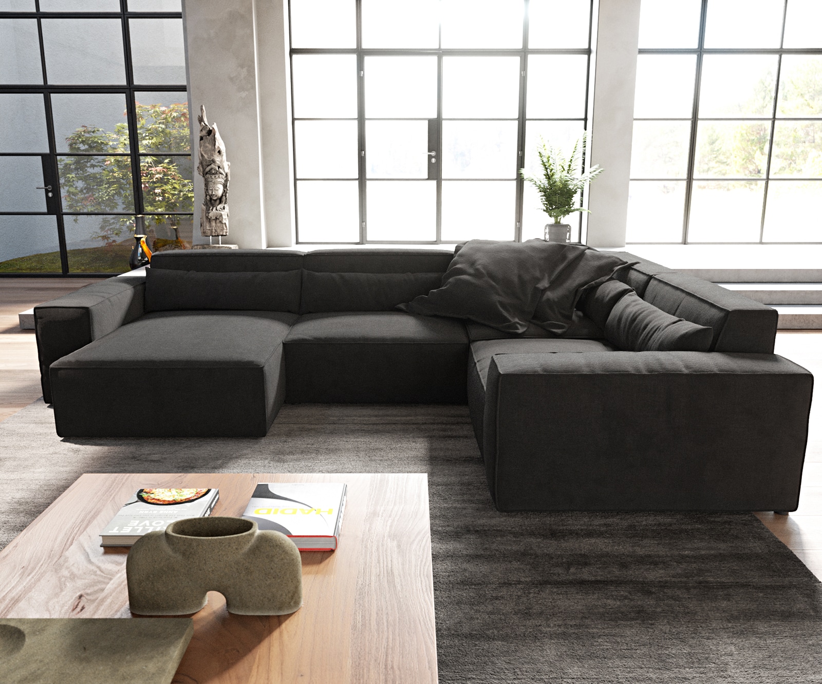 Canapé panoramique Sirpio 300x210 cm Microfibre Noir Recamiere variable 1 Canapé panoramique Sirpio 300x210 cm Microfibre Noir Recamiere variable 1