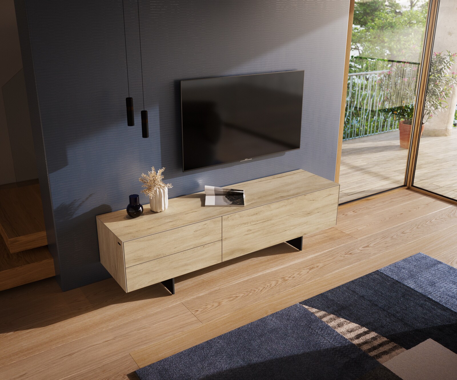 Meuble-TV Cuor 180 cm Céramique Laminam® Sabbia Teinte chêne 1 Clapet 2 Tiroirs Pied optique flottant Métal Noir 4