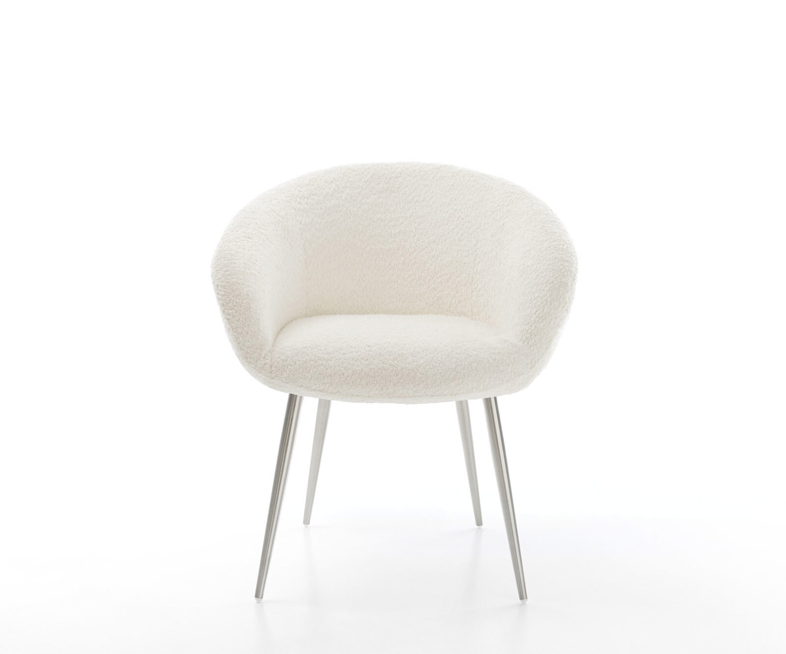 Chaise-de-salle-à-manger Vinka-Flex avec accoudoirs bouclé blanc 4 pieds coniques acier inoxydable brossé ressorts ensachés 2
